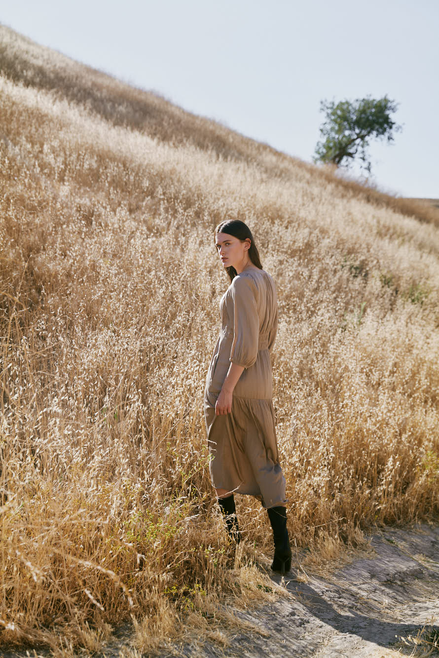 3/4 Sleeves Satin Midi Dress