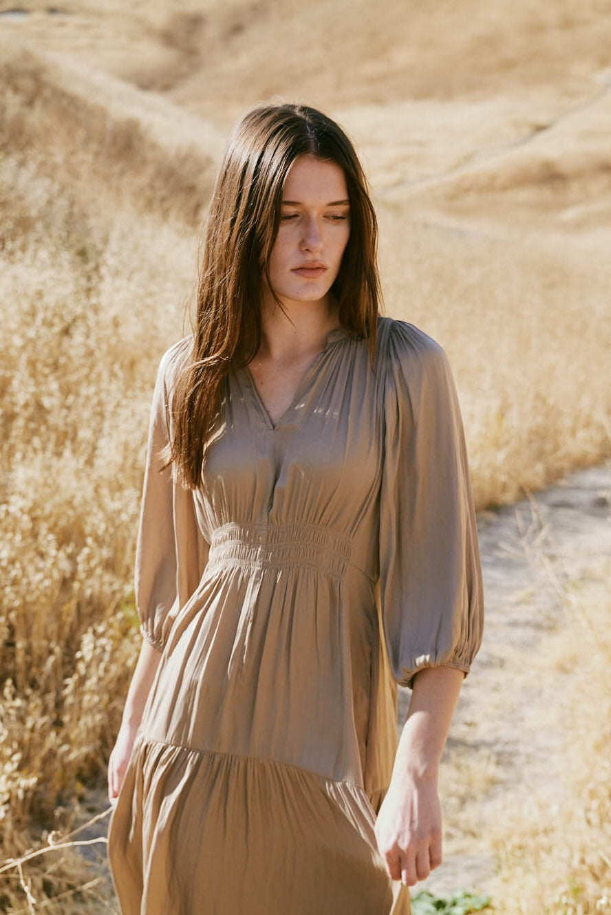 3/4 Sleeves Satin Midi Dress