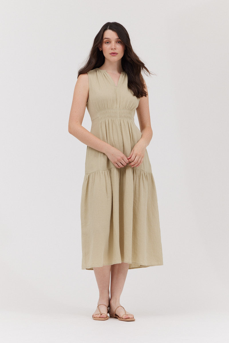 Solid Gauze Midi Dress in Flax