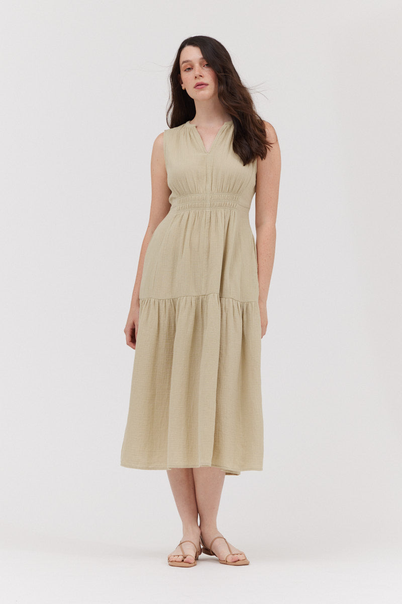 Solid Gauze Midi Dress in Flax