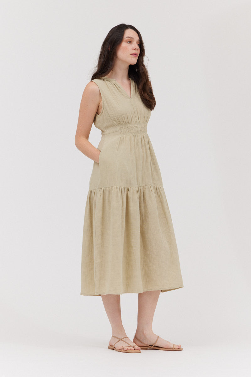 Solid Gauze Midi Dress in Flax
