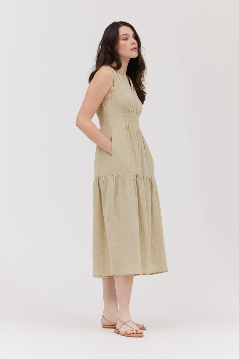 Solid Gauze Midi Dress in Flax