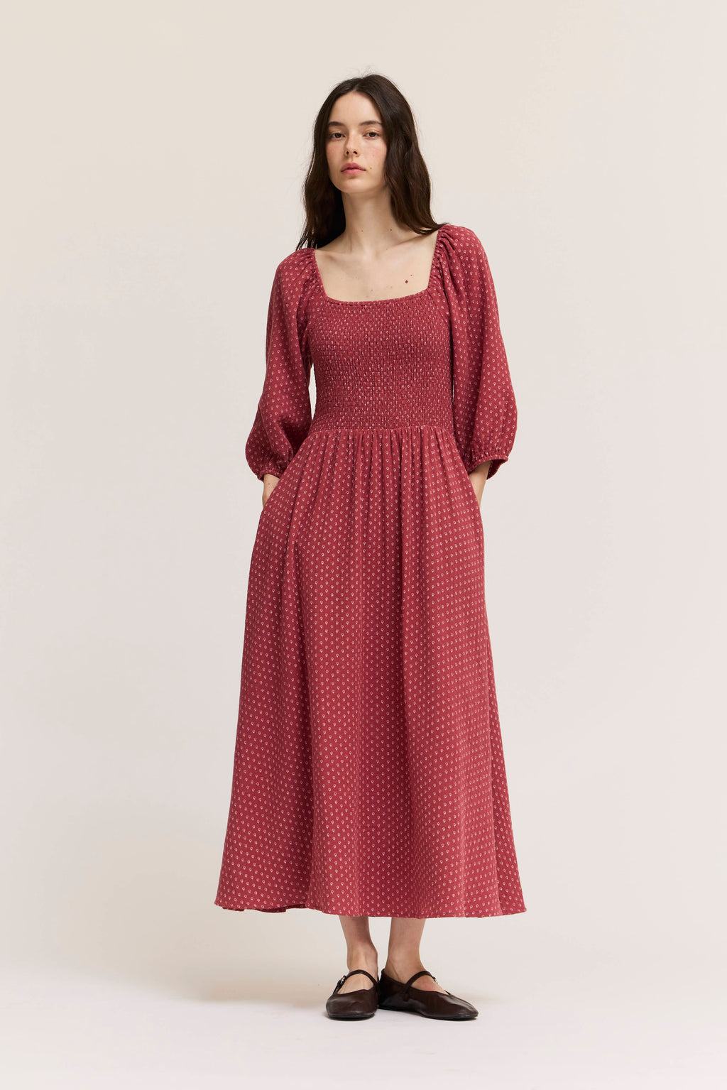 Floral Print Cotton Midi Dress in Red Earth
