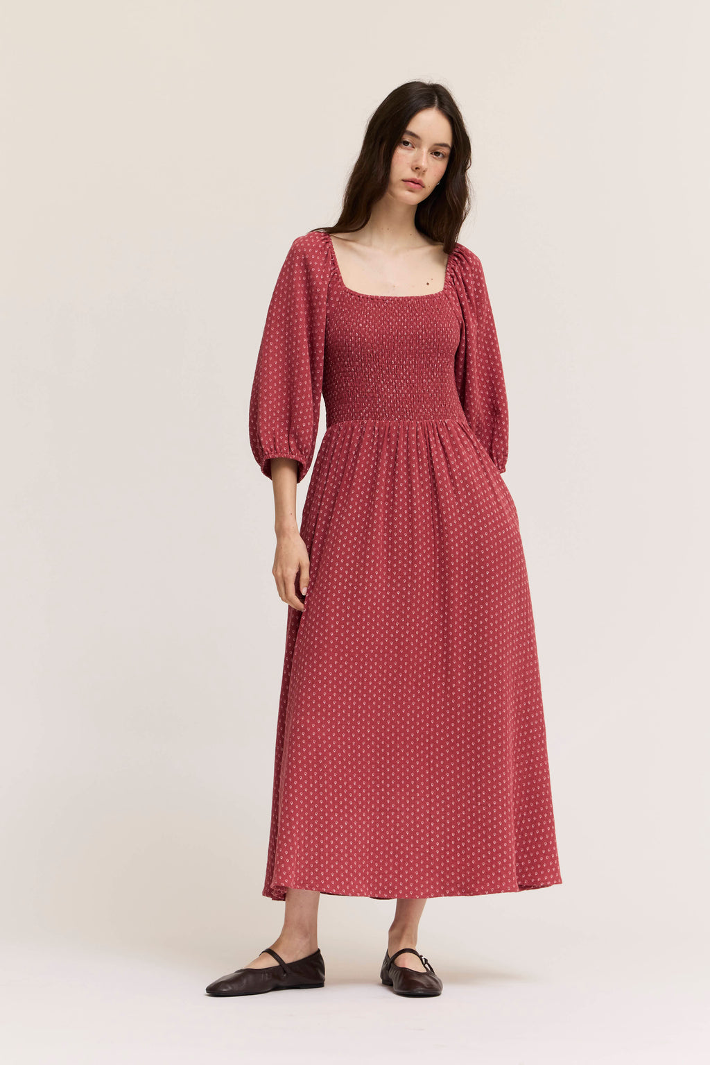 Floral Print Cotton Midi Dress in Red Earth