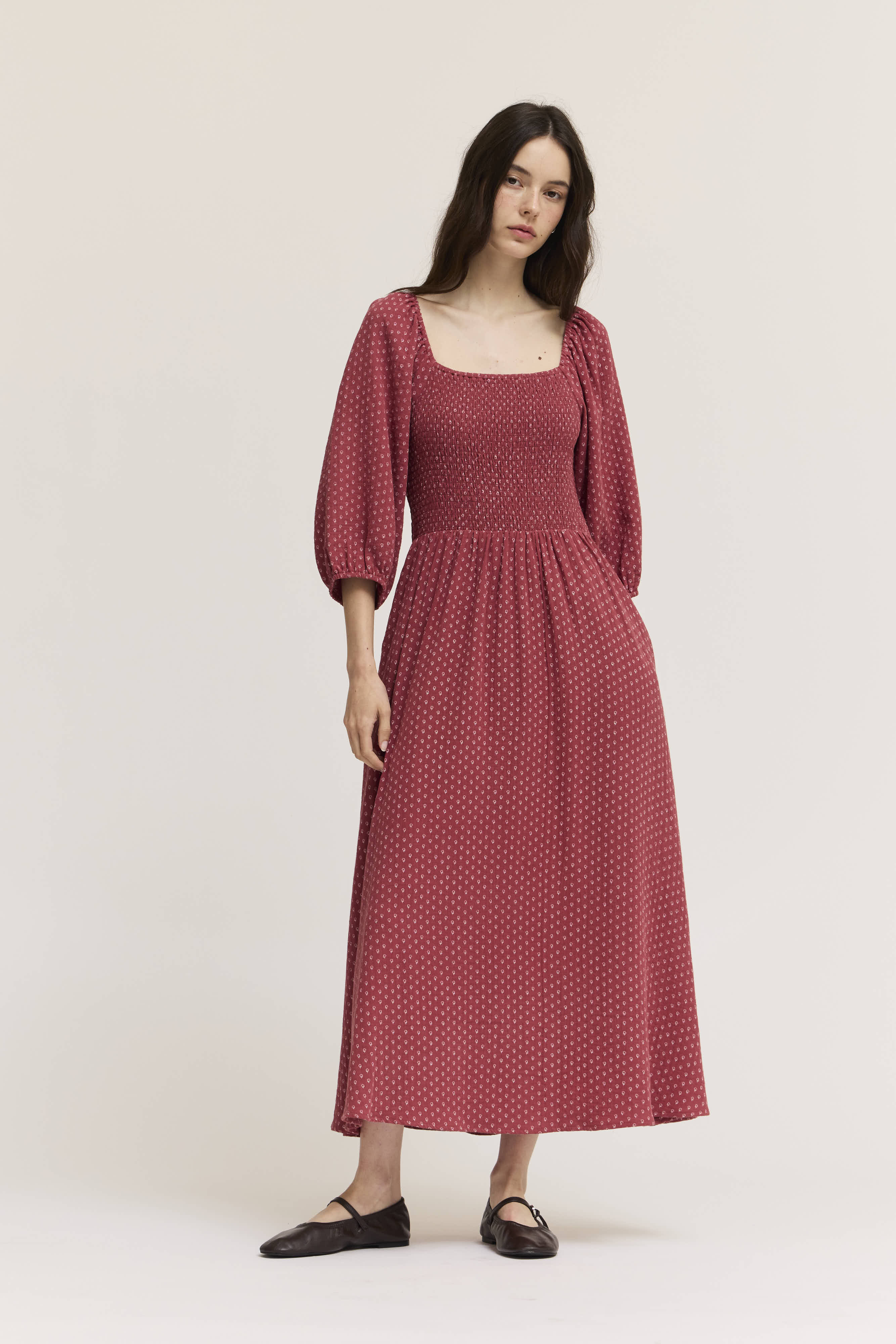 Floral Print Cotton Midi Dress in Red Earth