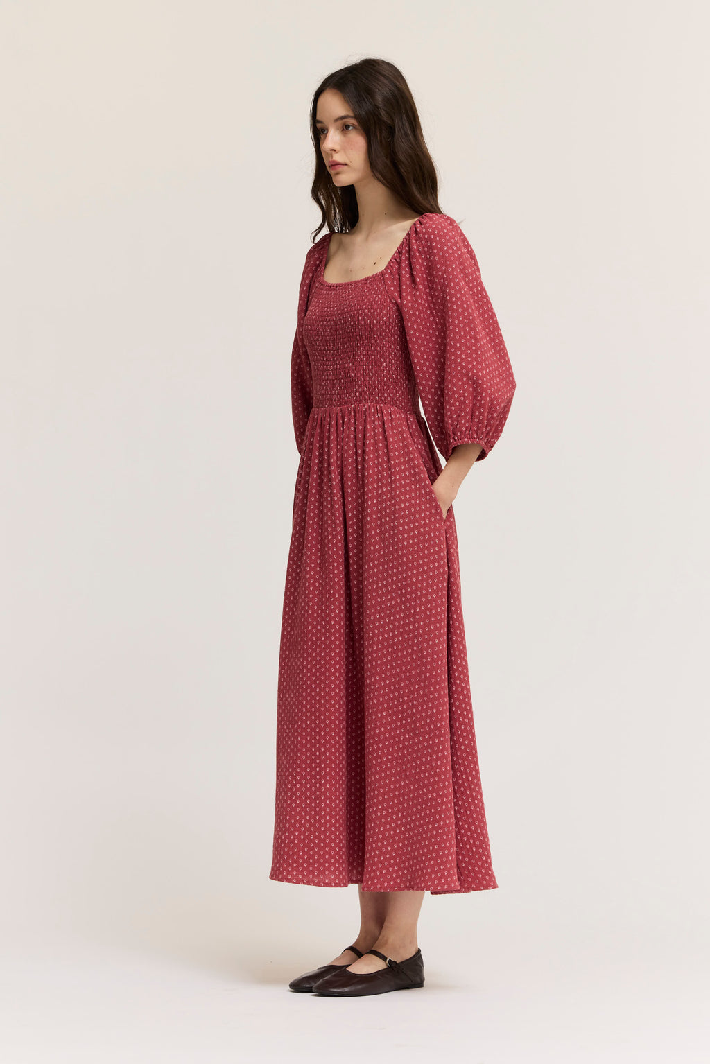 Floral Print Cotton Midi Dress in Red Earth