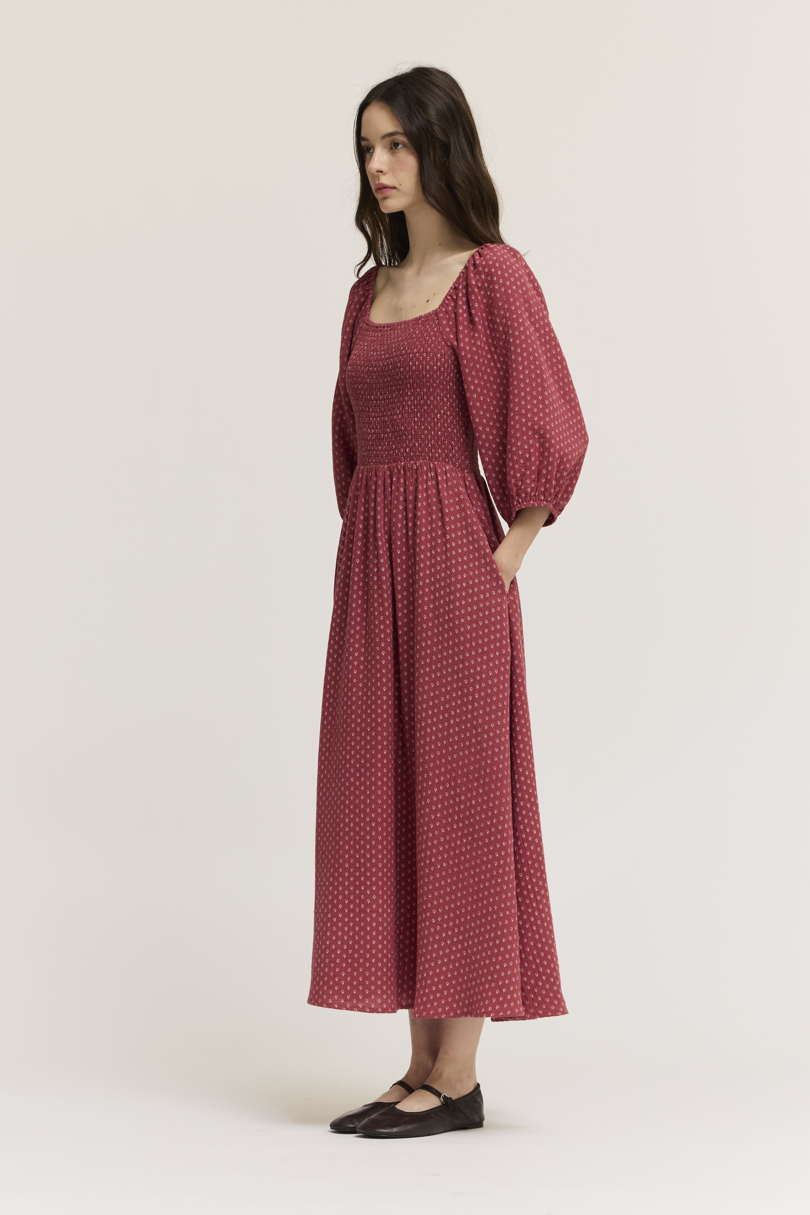 Floral Print Cotton Midi Dress in Red Earth