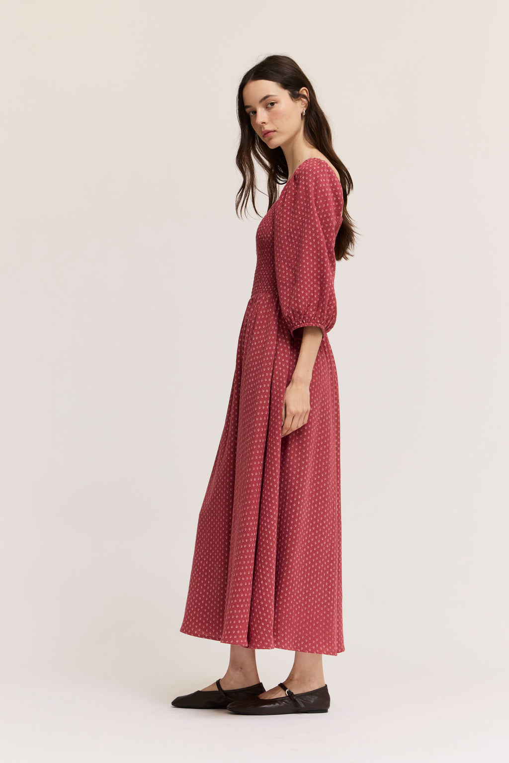 Floral Print Cotton Midi Dress in Red Earth