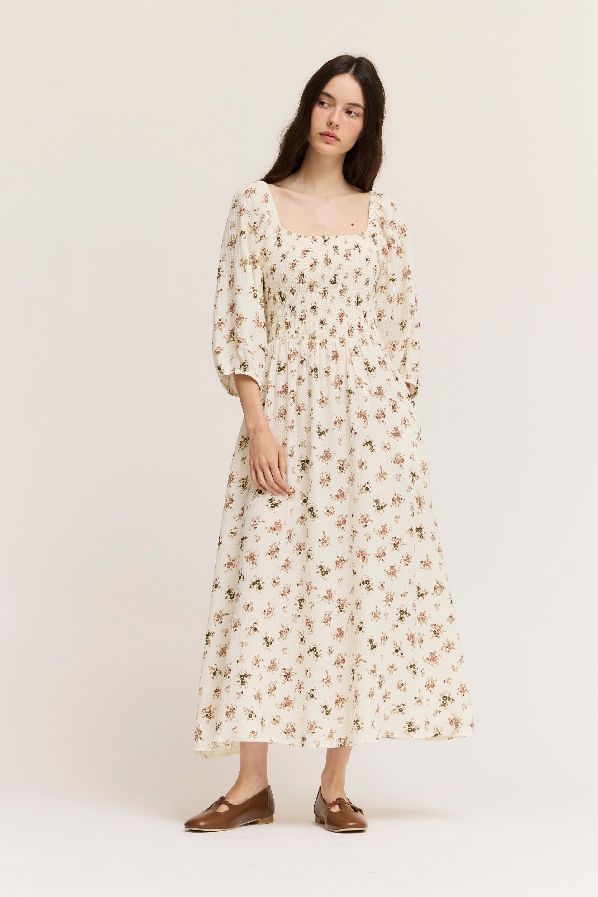 midi cotton dress Del Monte Slate Blue (L) Cotton poplin Floral Print Cotton Midi Dress
