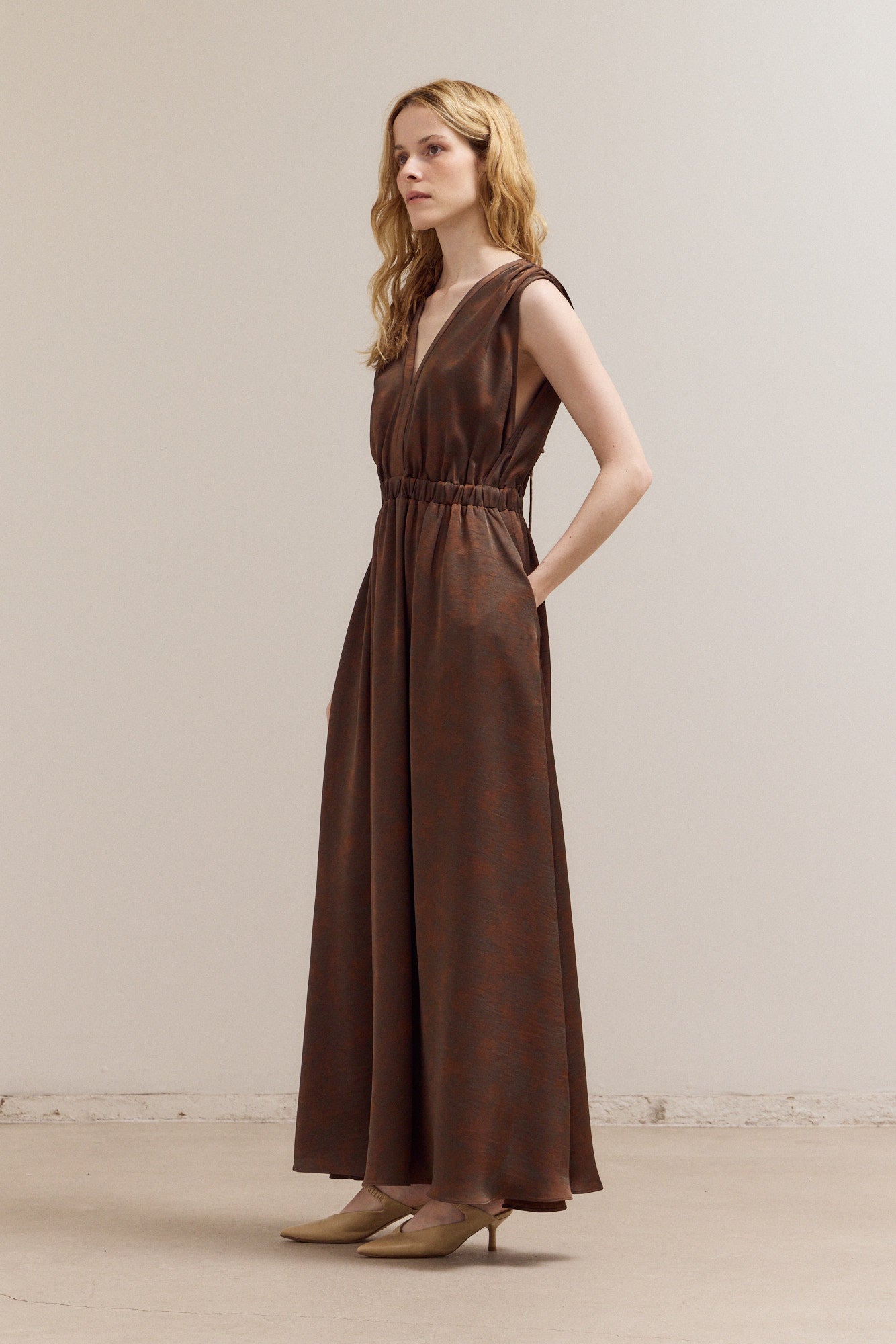Tied Back Strappy Maxi Satin Dress