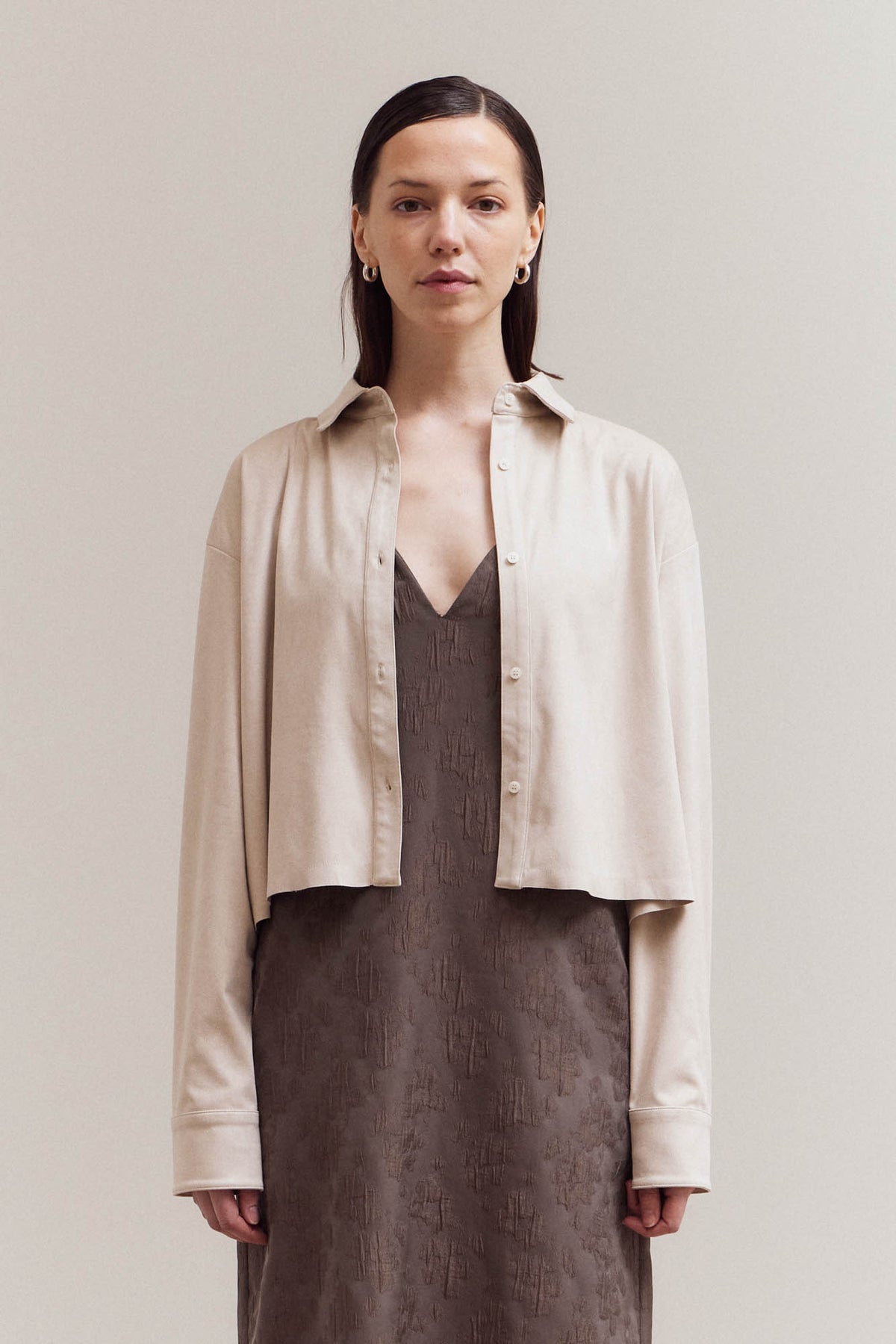 Soft Suede Crop Shirt Top in Bone
