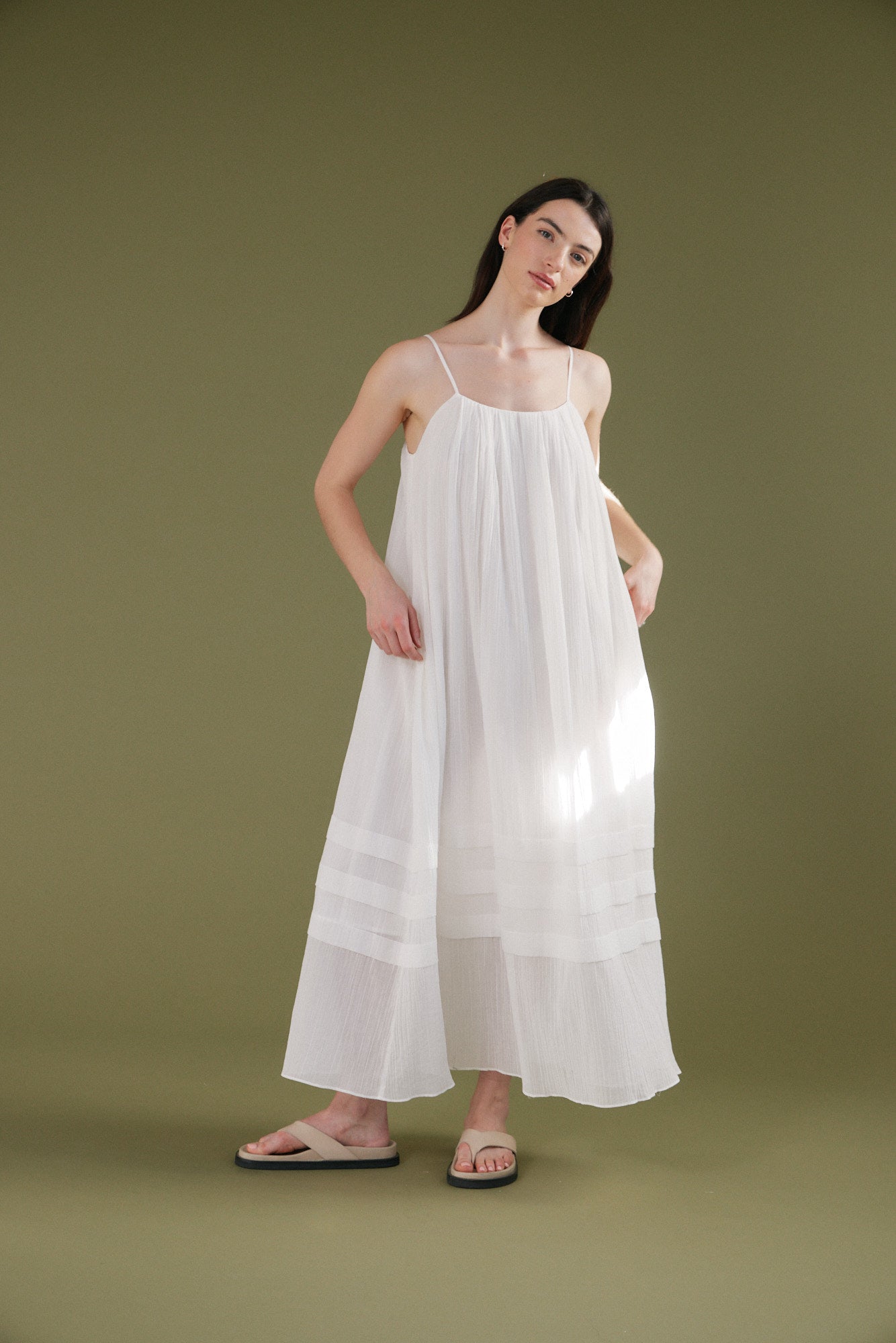 Pleated Cotton Maxi Dress Off White / L