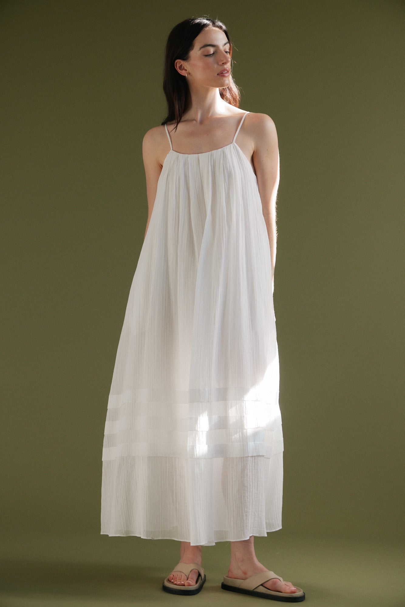 Pleated Cotton Maxi Dress Off White / L