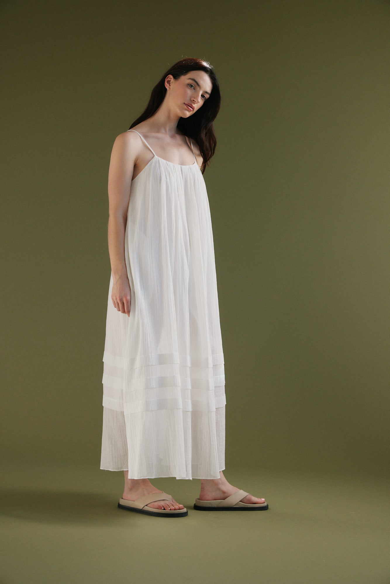 Pleated Cotton Maxi Dress Off White / L