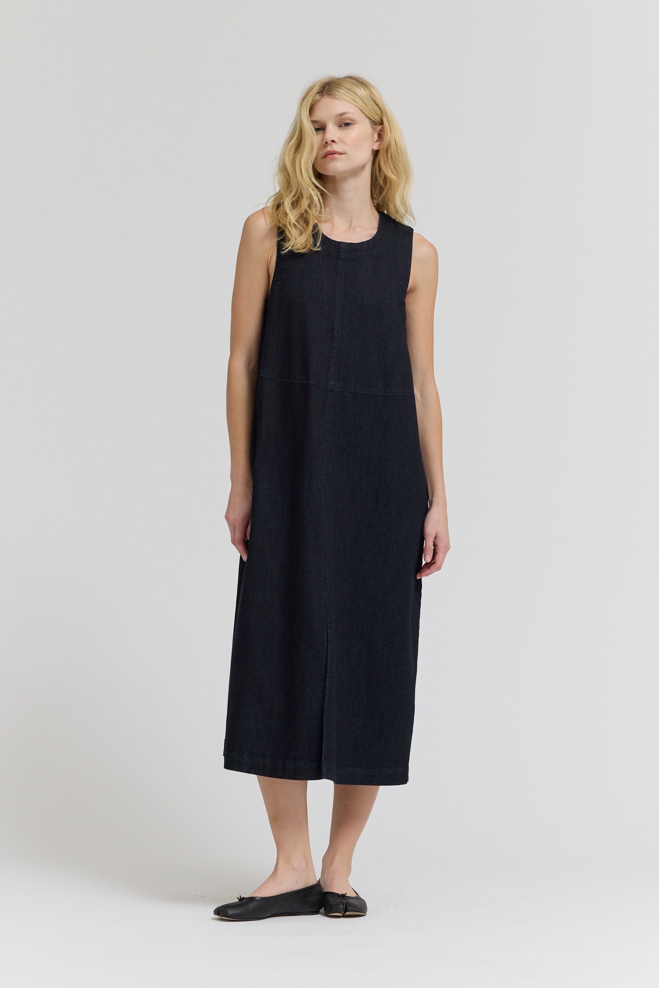 denim column dress One Shoulder Front Slit Denim Column Midi Dress Dark Wash