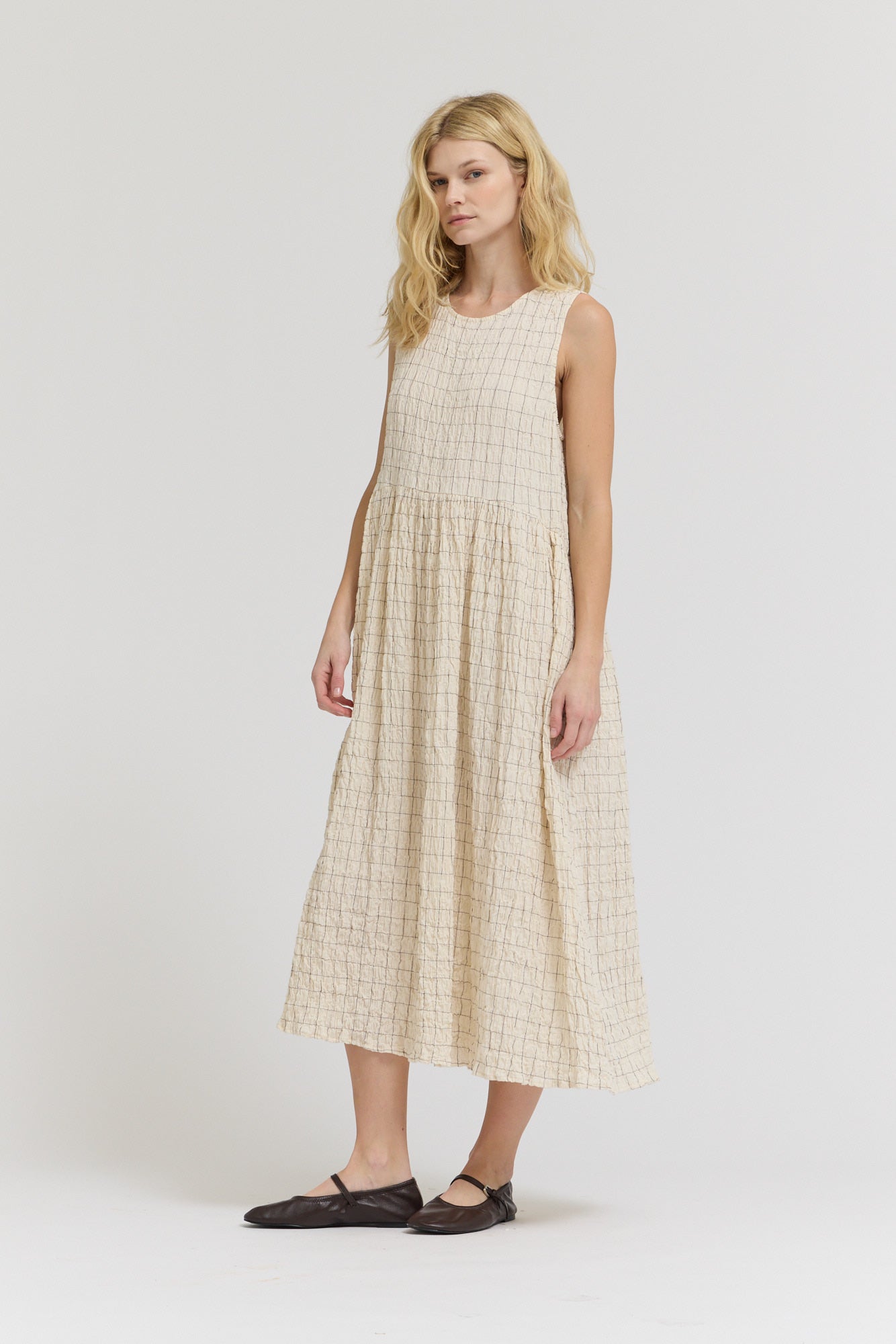 Grid Gauze Easy Dress in Cream
