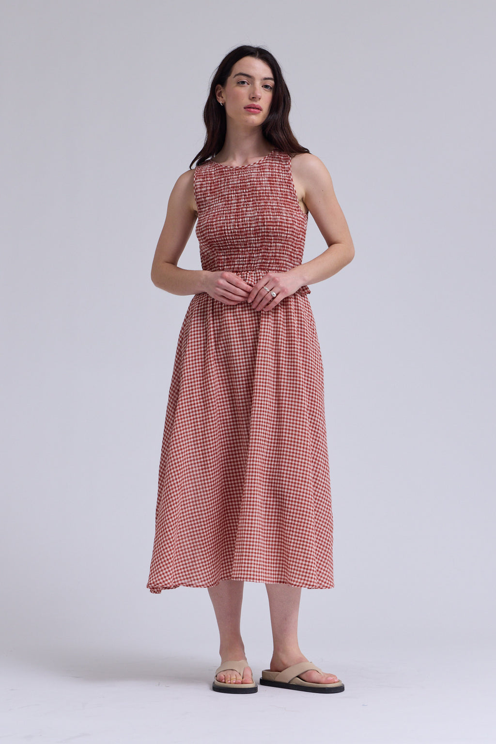 Sleeveless Smocking Top Dress in Carmine