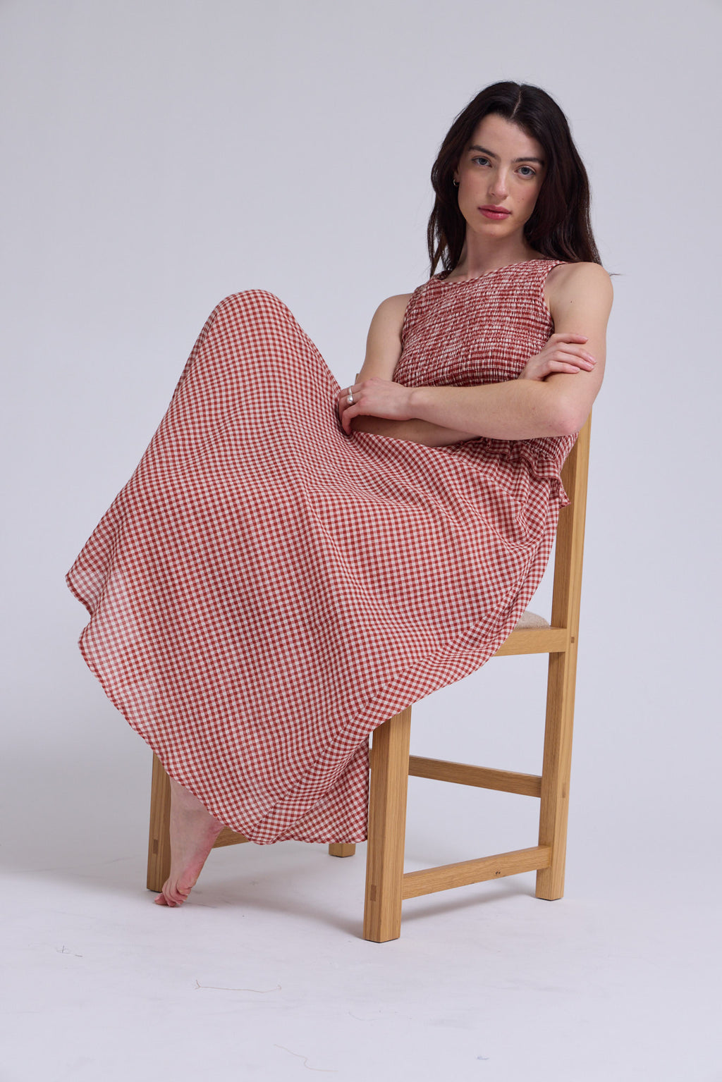 Sleeveless Smocking Top Dress in Carmine