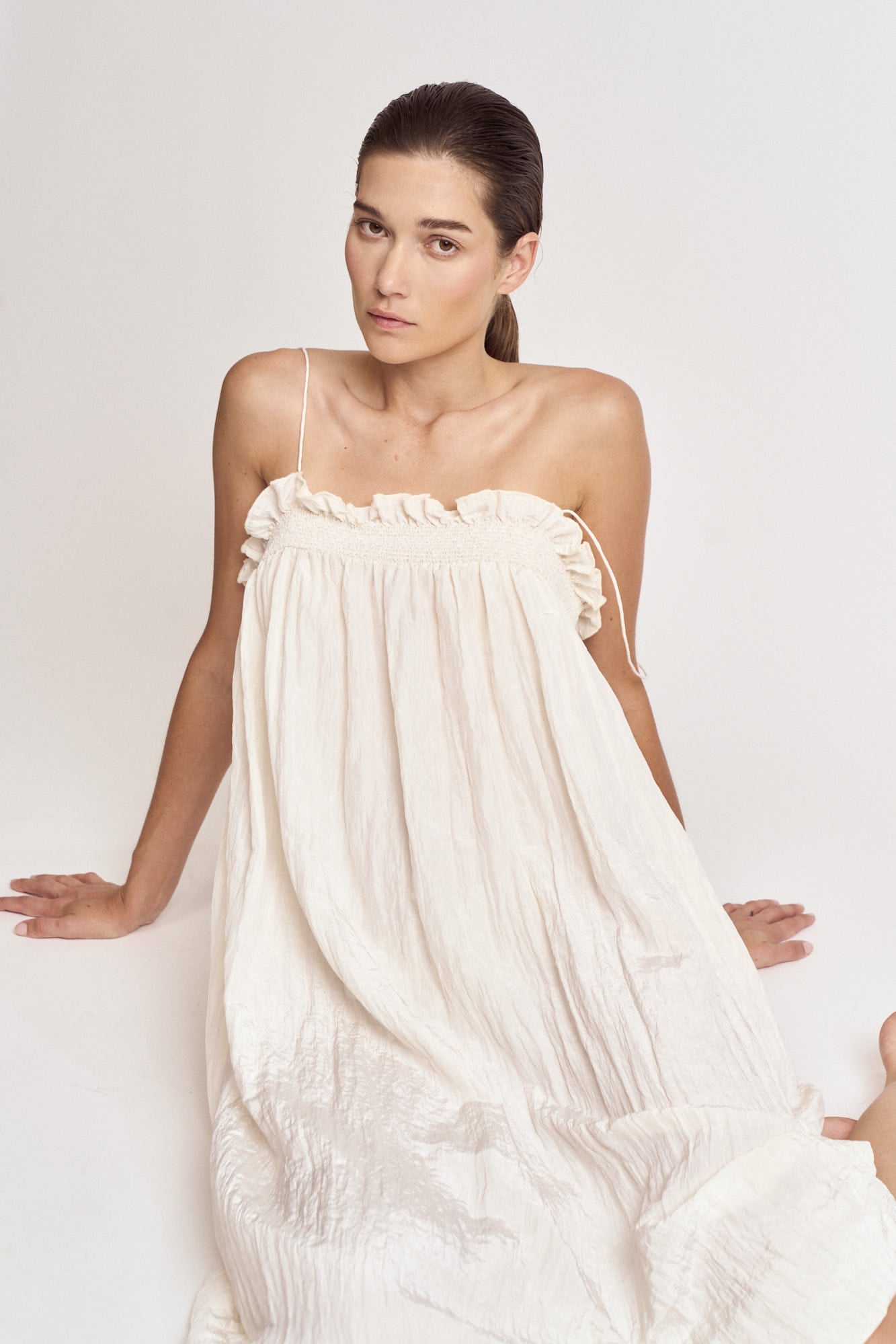 Crinkle Column Dress in Milk
