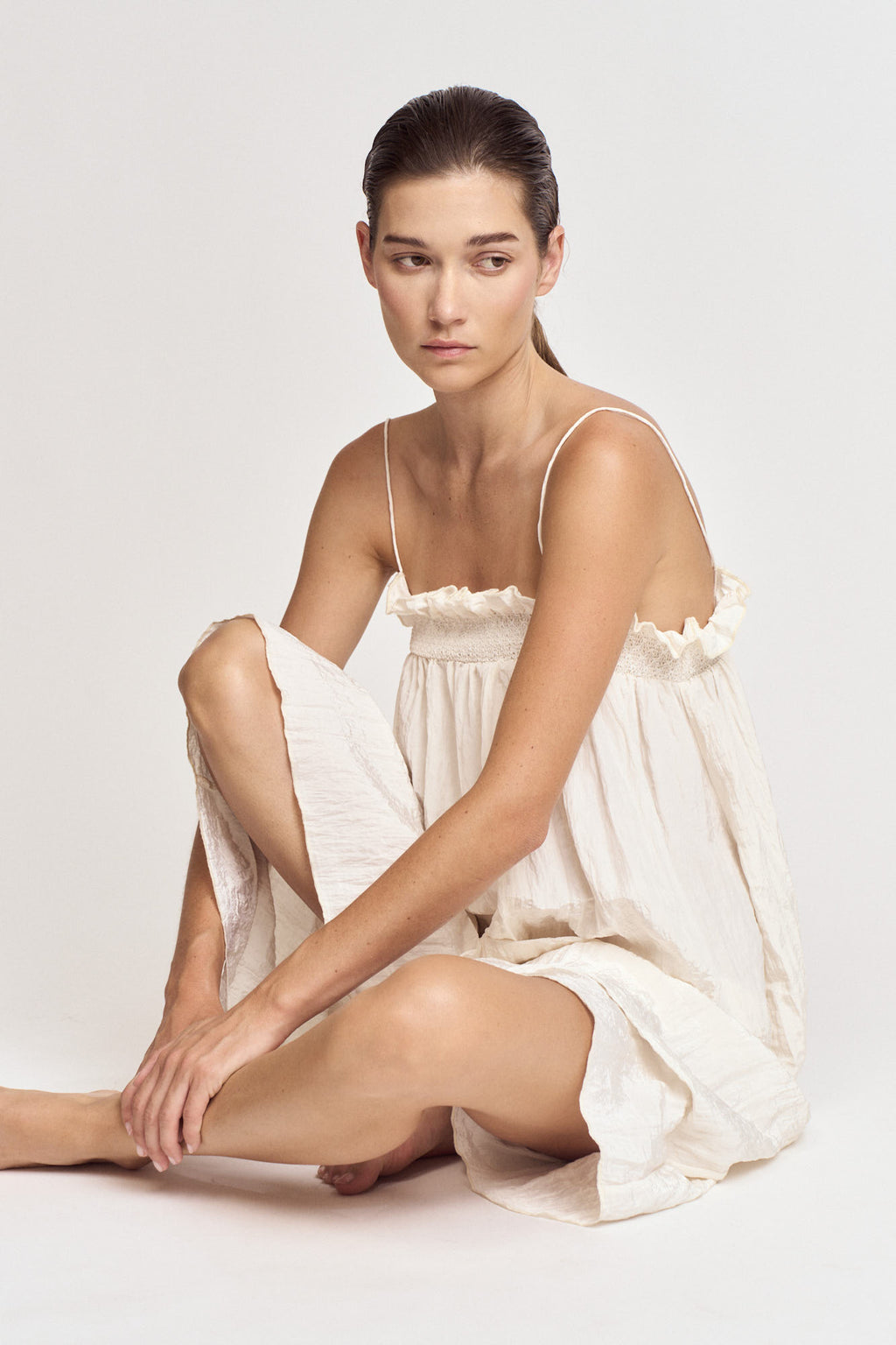Crinkle Column Dress in Milk
