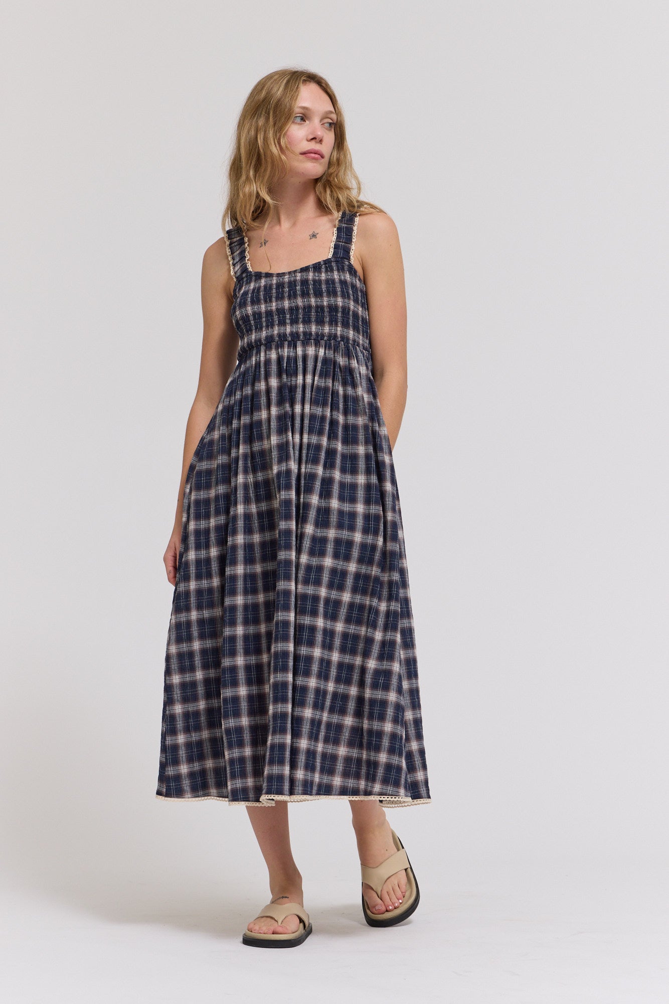 Smocked Plaid Midi Dress in Midnight