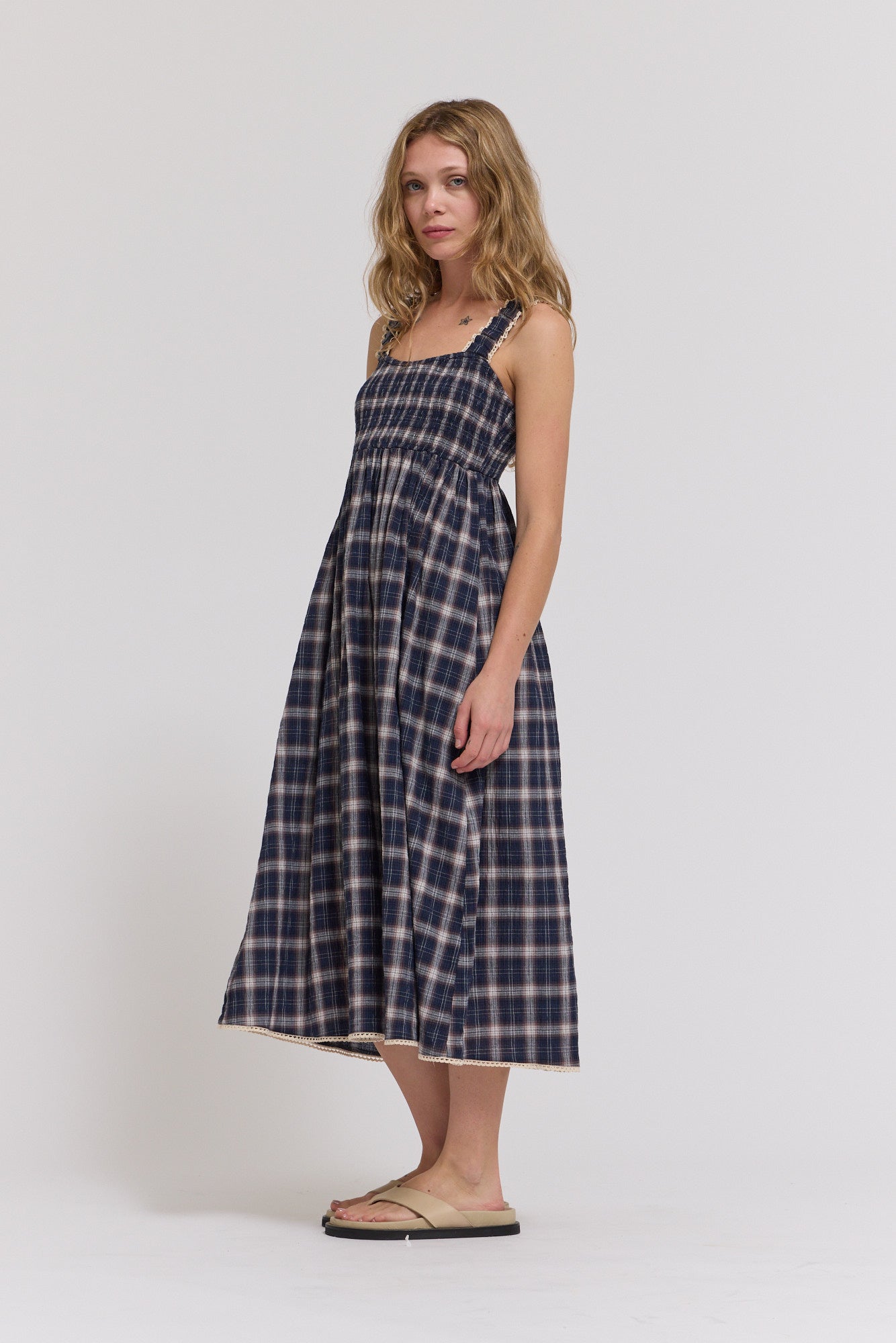 Smocked Plaid Midi Dress in Midnight