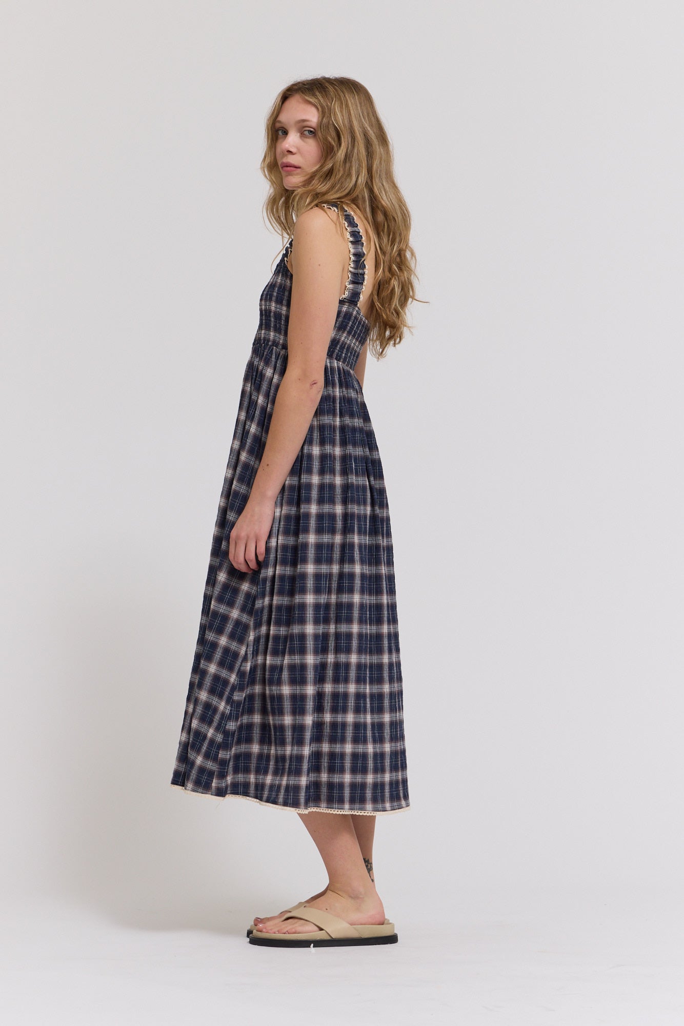 Smocked Plaid Midi Dress in Midnight