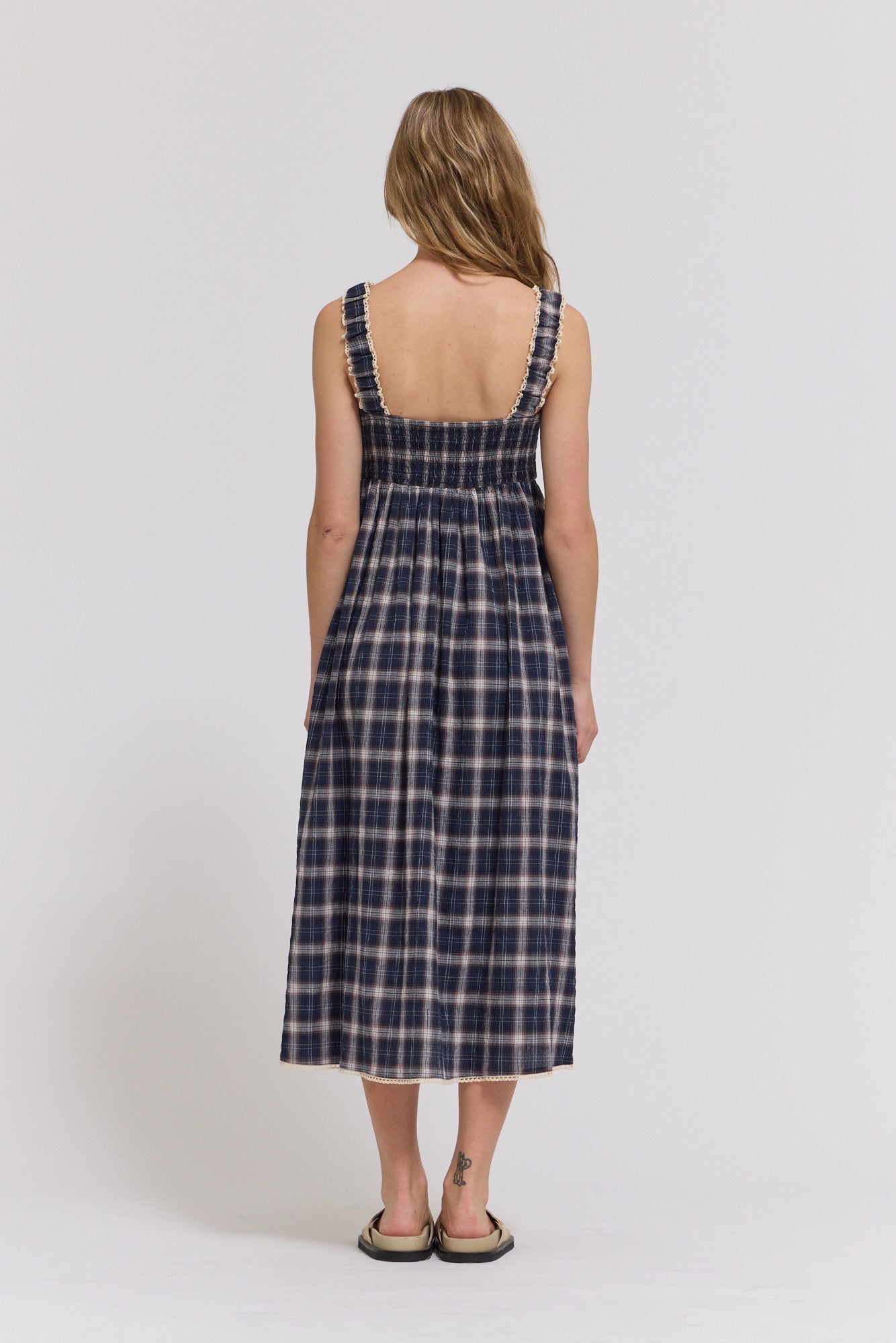 Smocked Plaid Midi Dress in Midnight