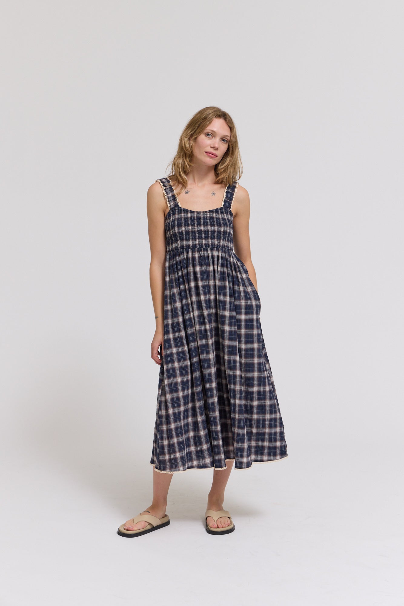 Smocked Plaid Midi Dress in Midnight
