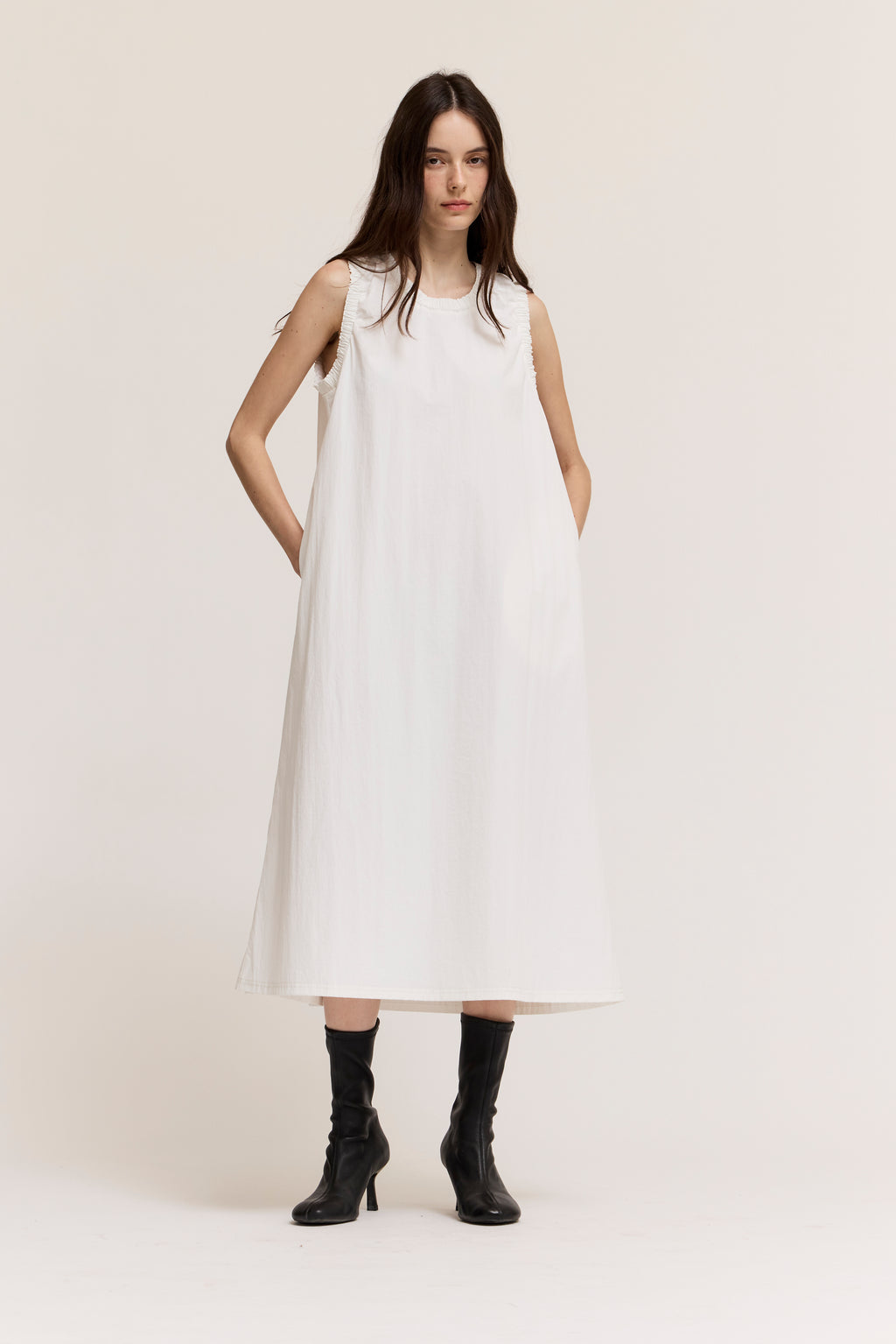 Baby Ruffle Detail A-Line Maxi Dress in Off White