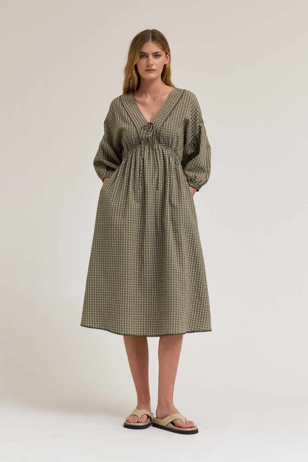 Plaid Midi Dress in Dusty Olive