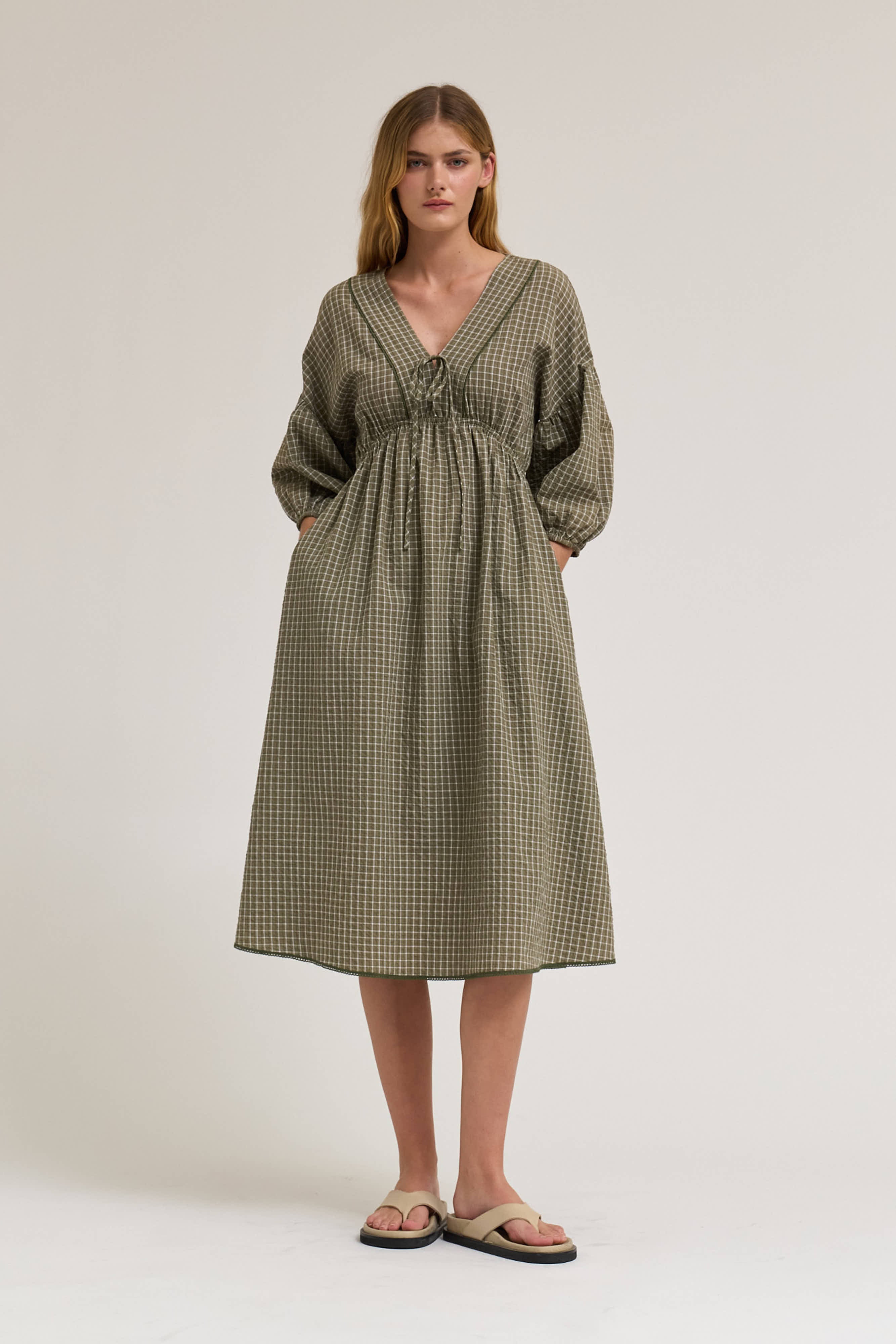Plaid Midi Dress in Dusty Olive