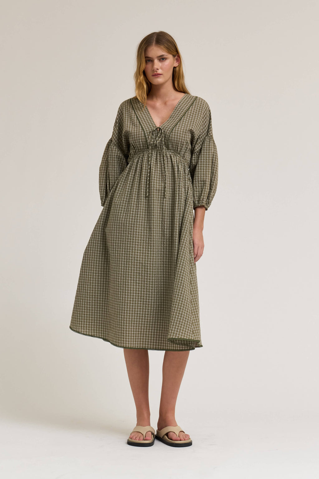 Plaid Midi Dress in Dusty Olive