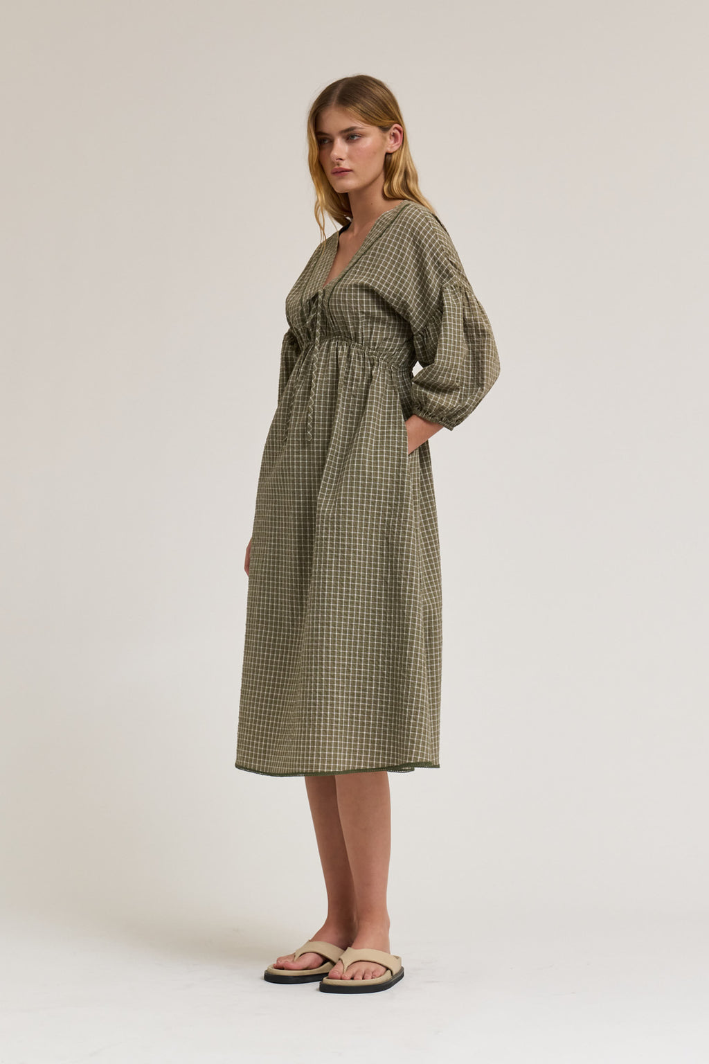 Plaid Midi Dress in Dusty Olive