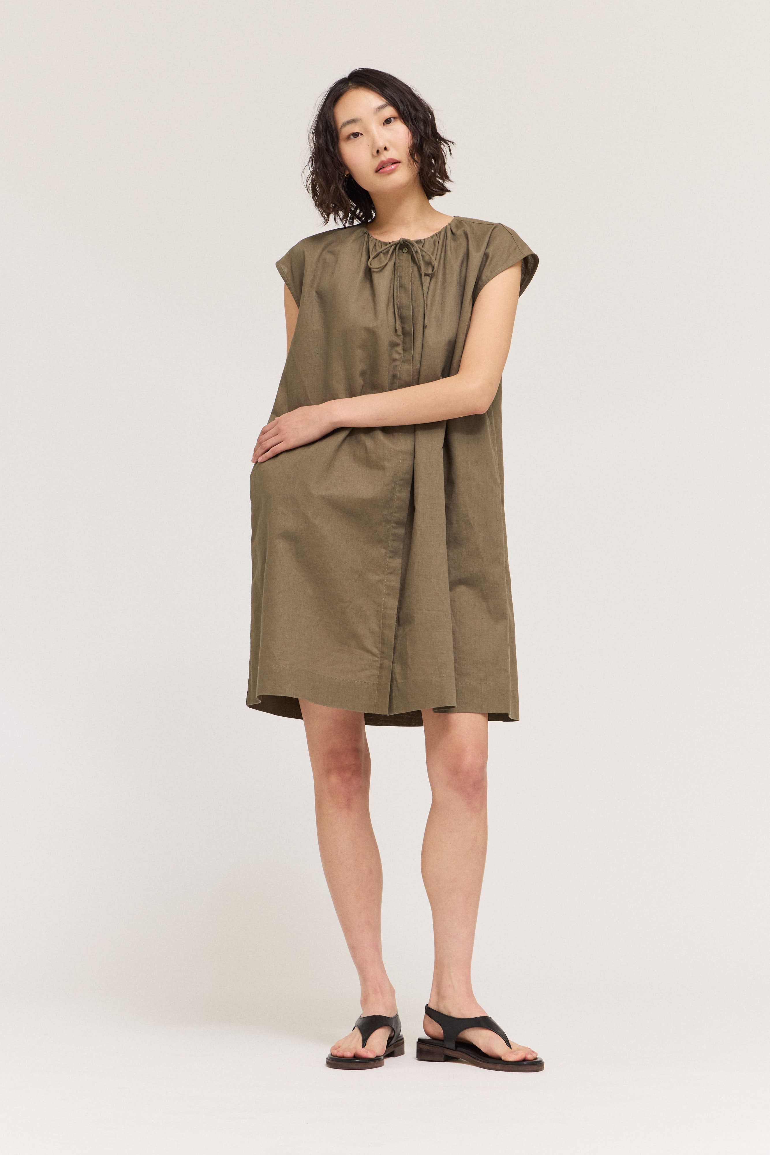 Drawstring Neckline Sleeveless Mid Dress