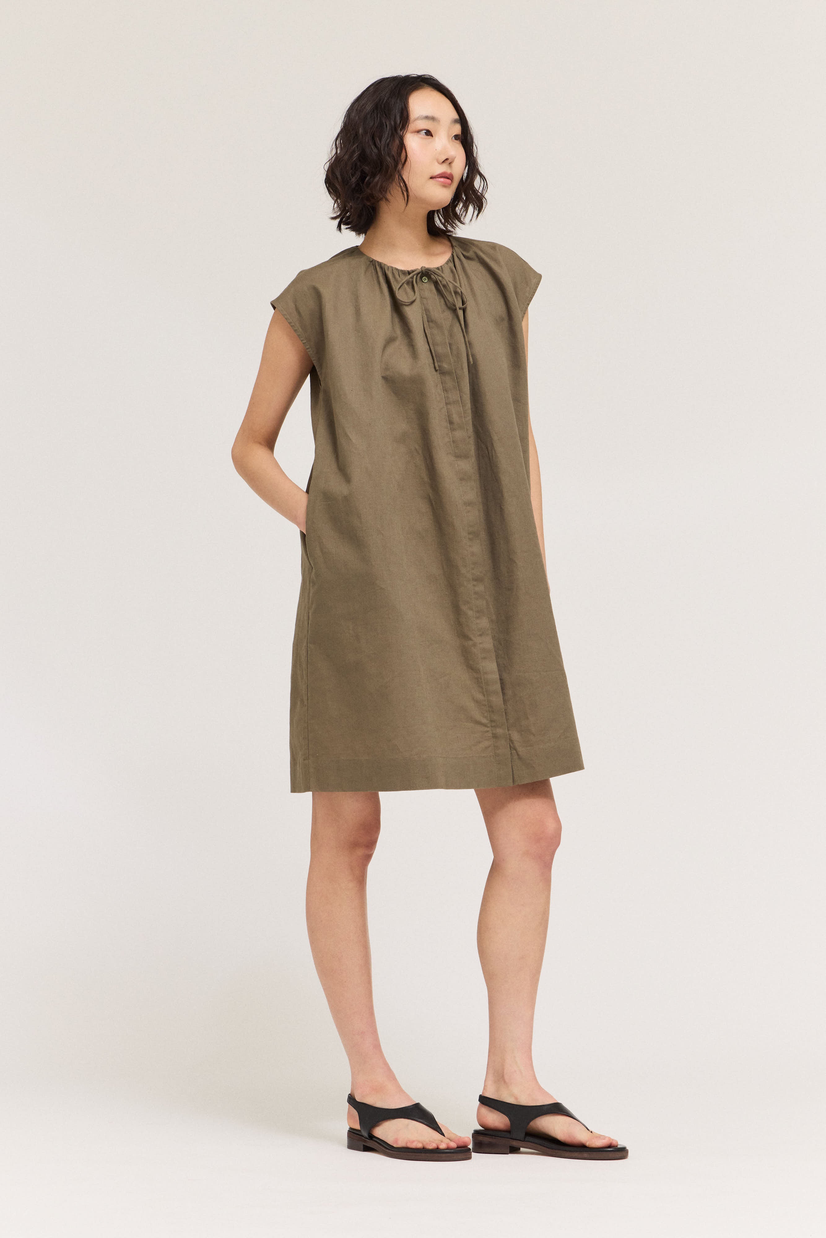 Drawstring Neckline Sleeveless Mid Dress