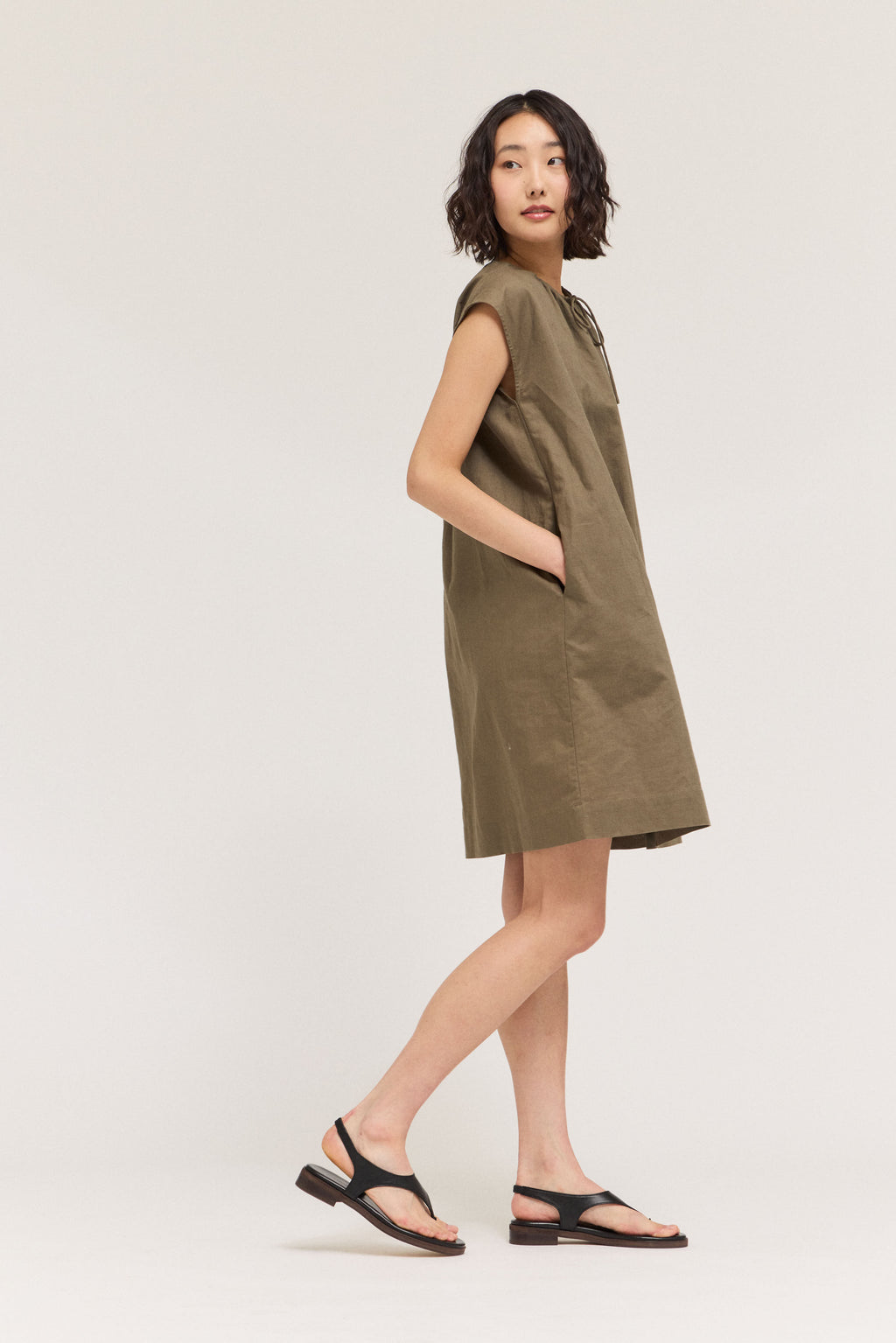 Drawstring Neckline Sleeveless Mid Dress