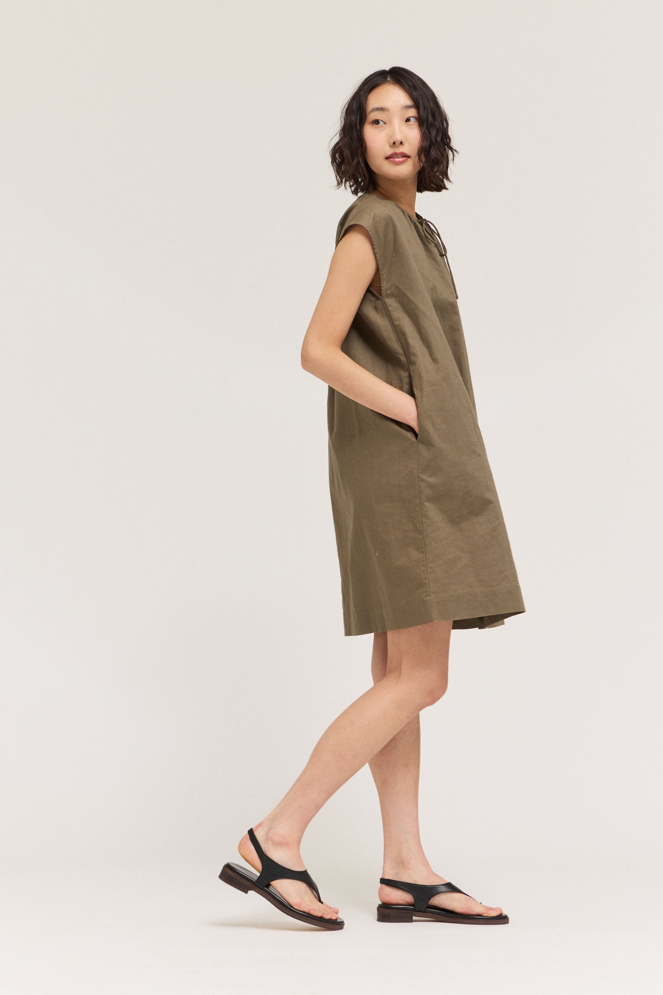 Drawstring Neckline Sleeveless Mid Dress