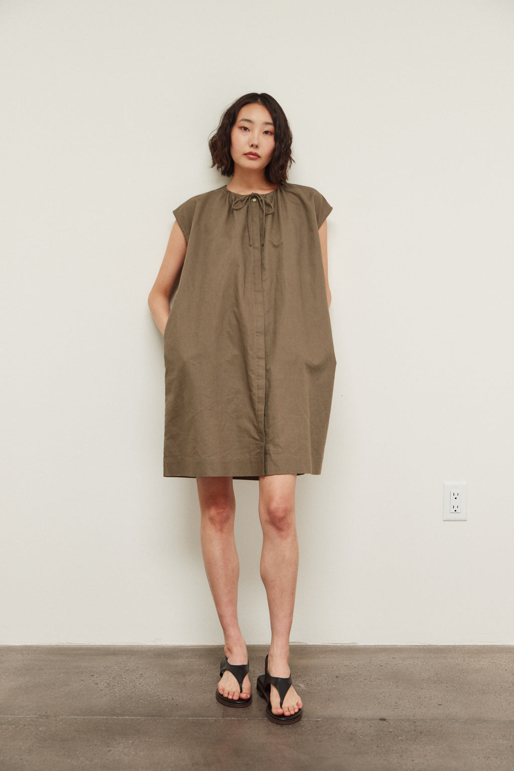 Drawstring Neckline Sleeveless Mid Dress