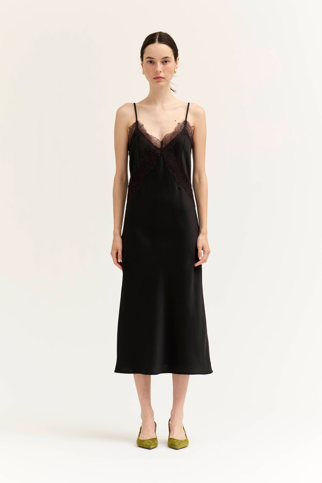 Lace Detailed Midi Satin Dress in Black