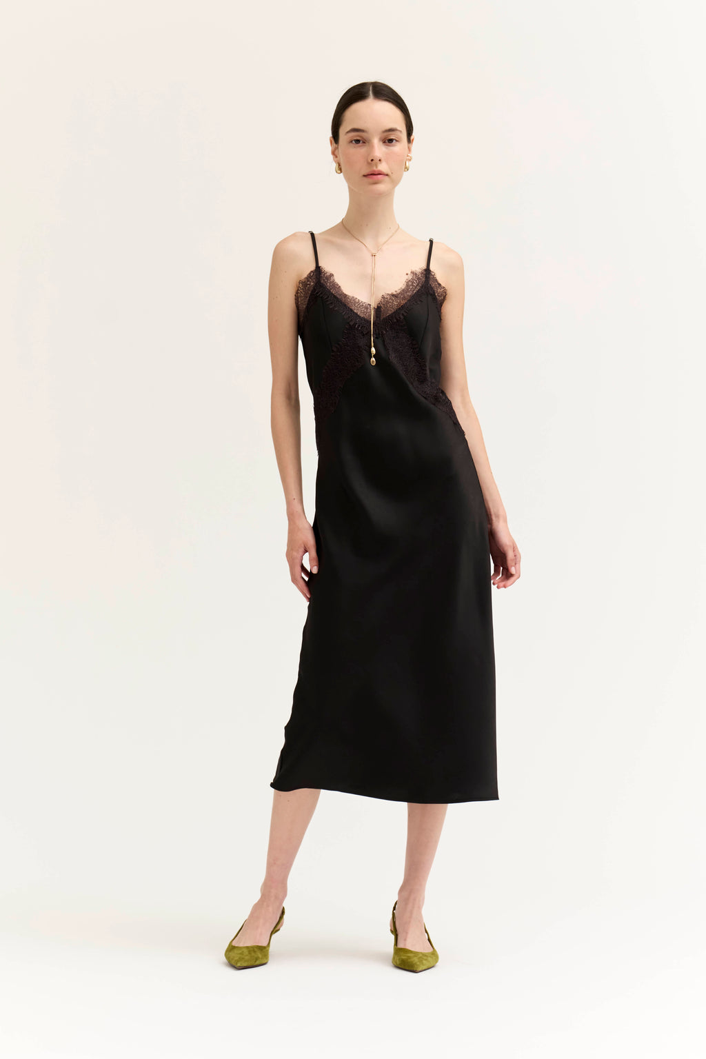 Lace Detailed Midi Satin Dress in Black