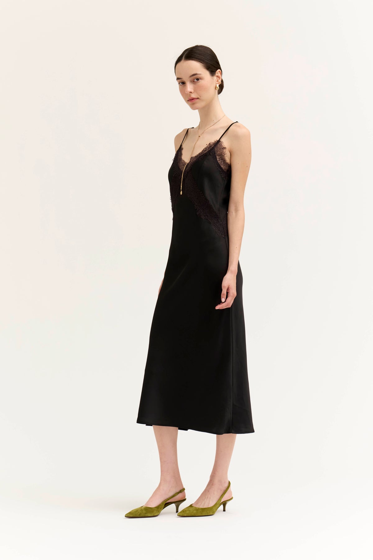Lace Detailed Midi Satin Dress in Black