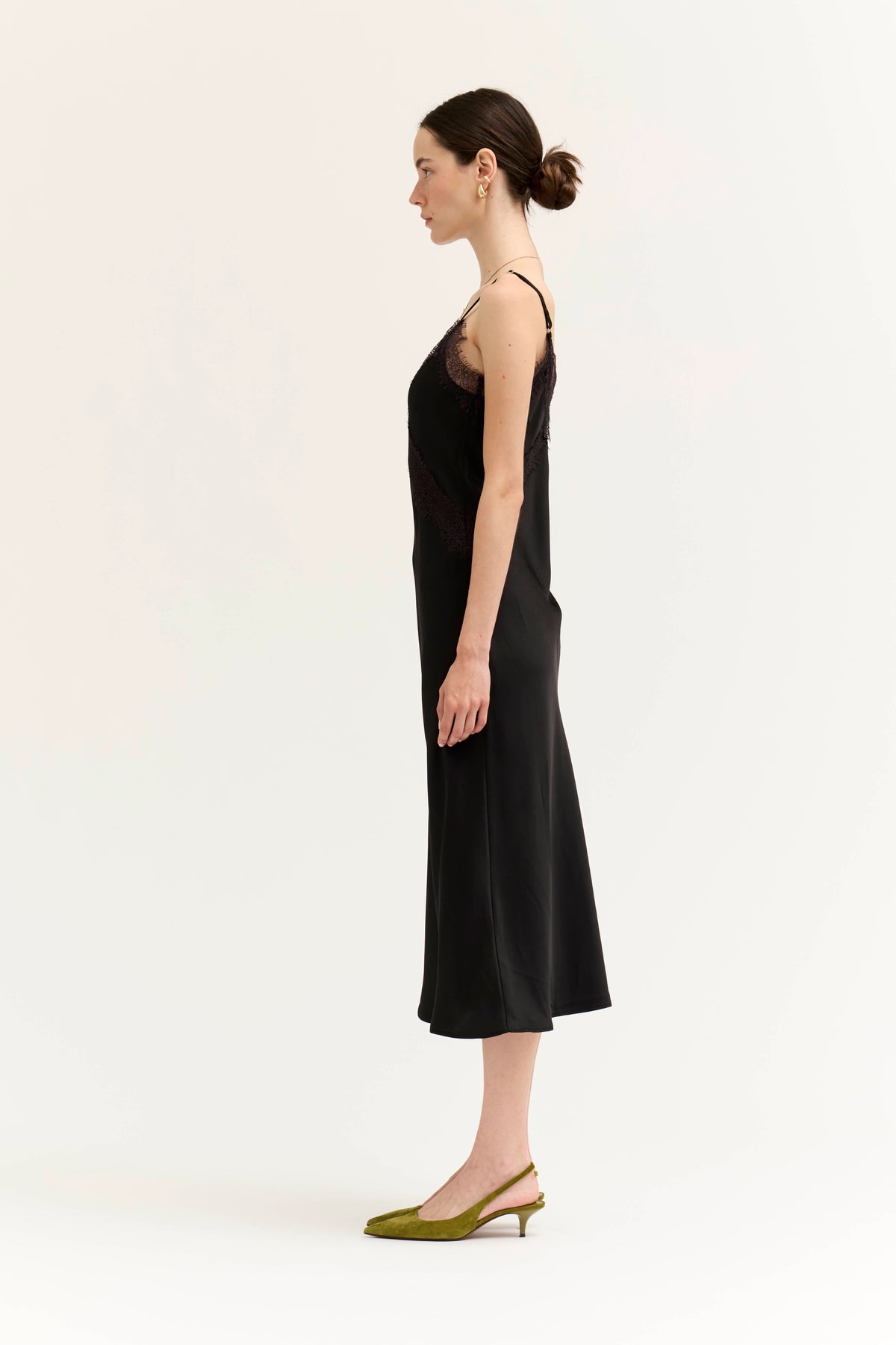 Lace Detailed Midi Satin Dress in Black