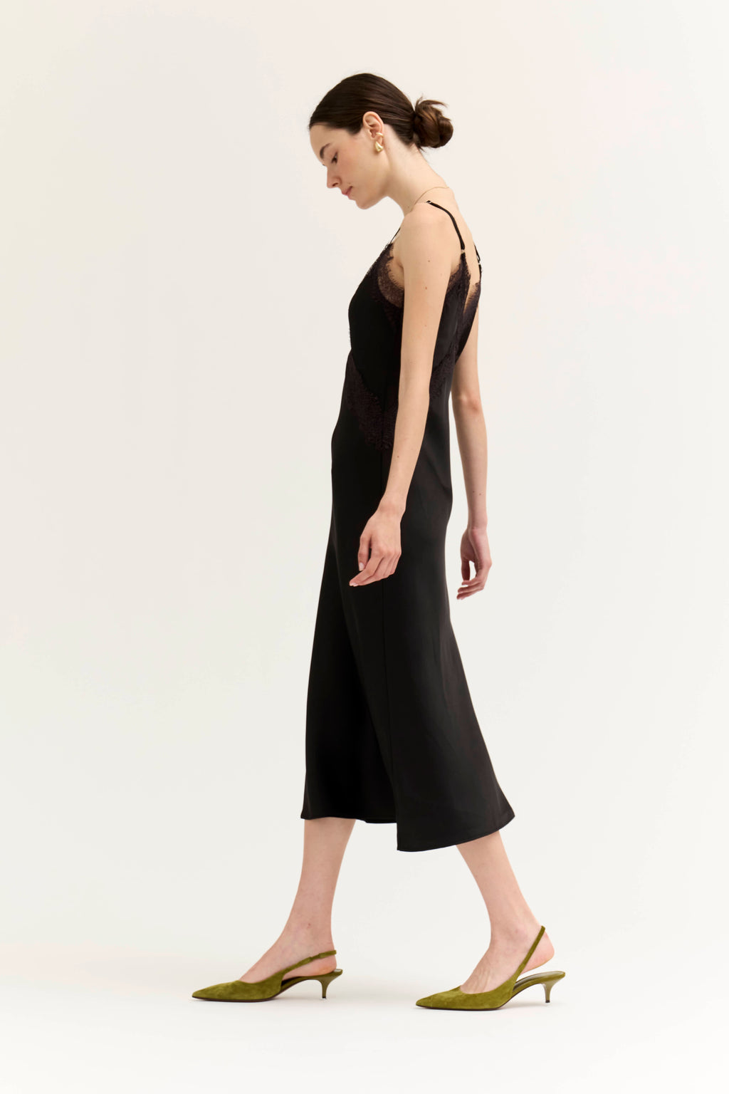 Lace Detailed Midi Satin Dress in Black