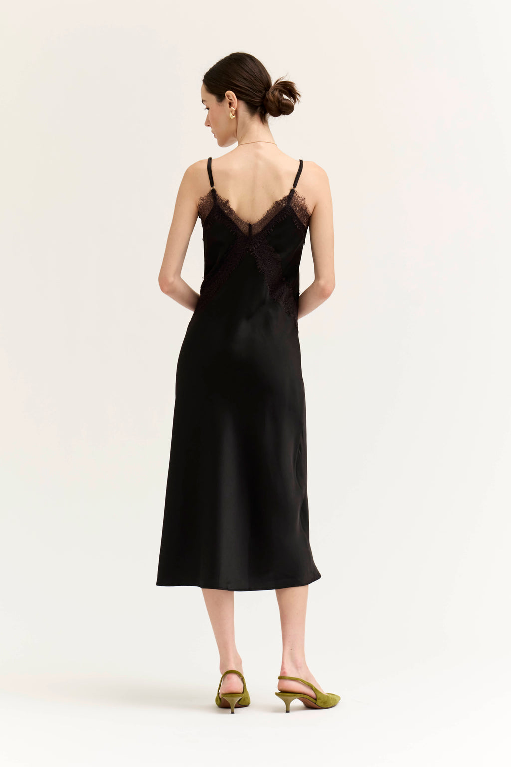 Lace Detailed Midi Satin Dress in Black