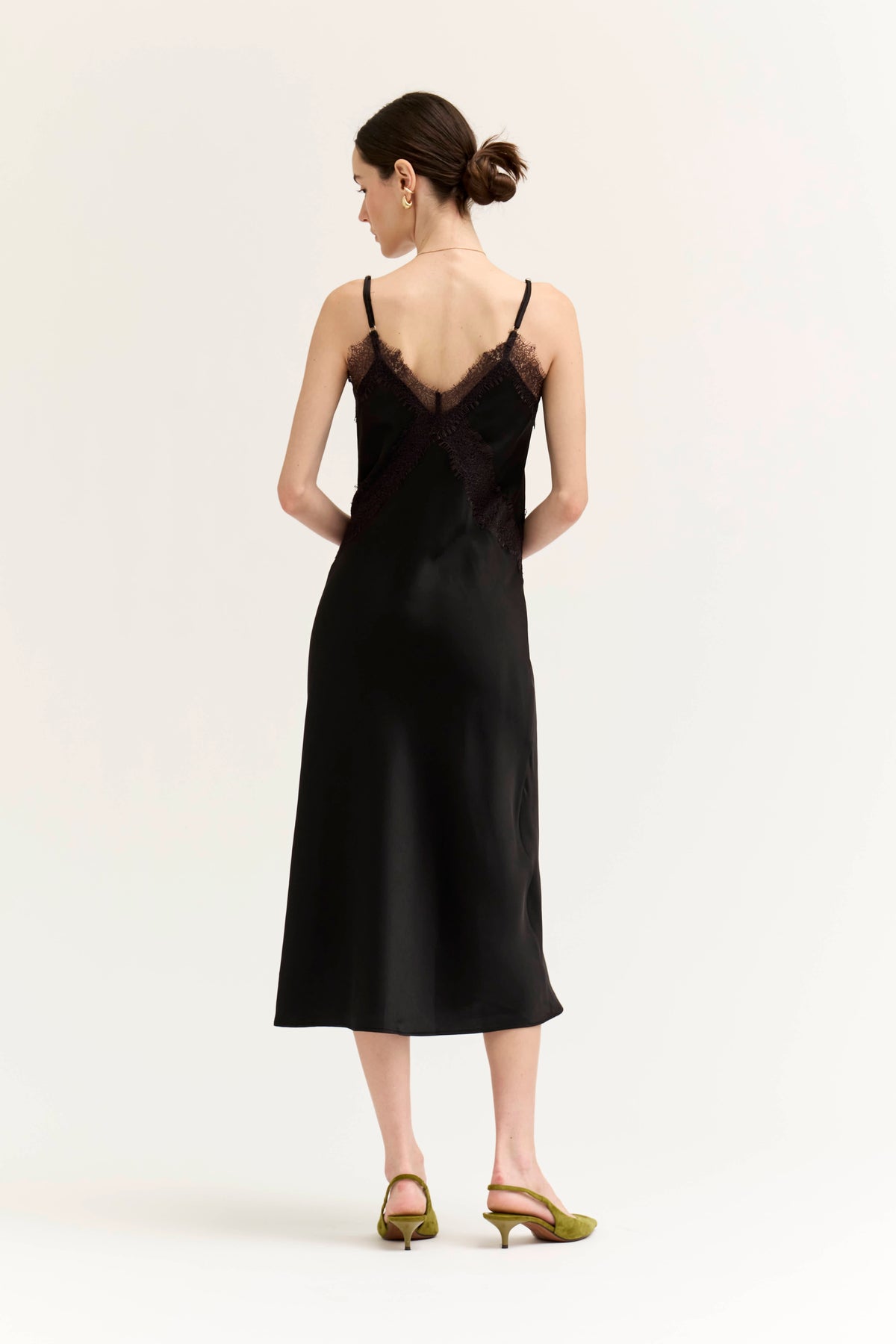 Lace Detailed Midi Satin Dress in Black