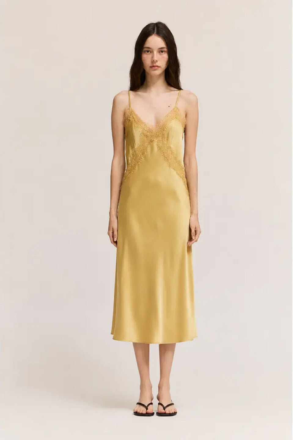 Lace Detailed Midi Satin Dress in Daffodil