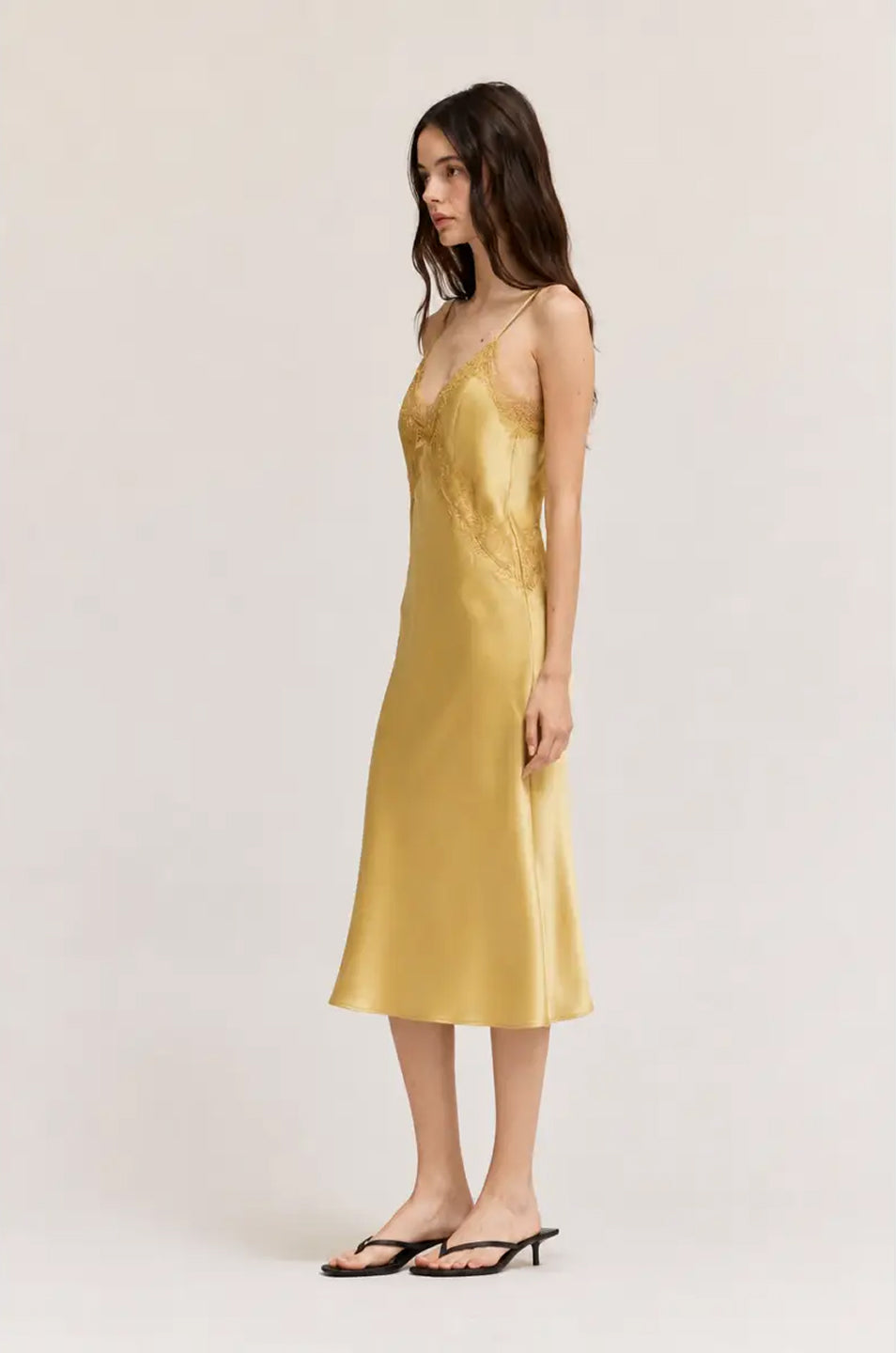 Lace Detailed Midi Satin Dress in Daffodil