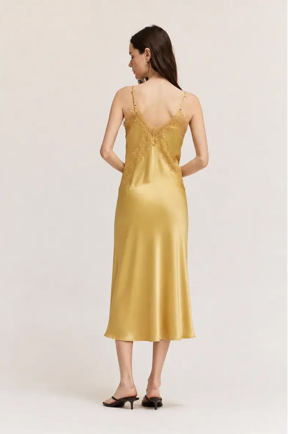 Lace Detailed Midi Satin Dress in Daffodil