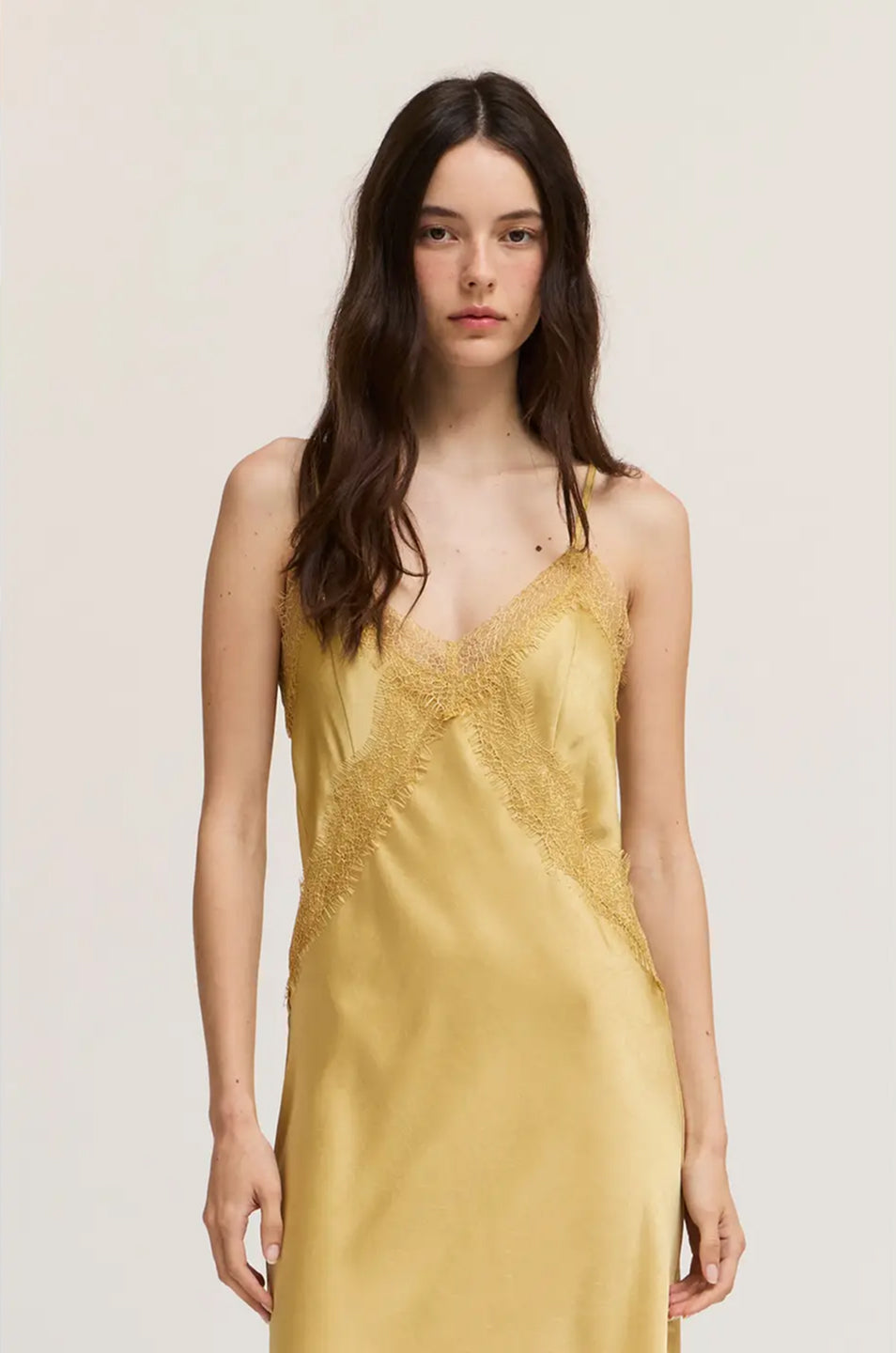 Lace Detailed Midi Satin Dress in Daffodil